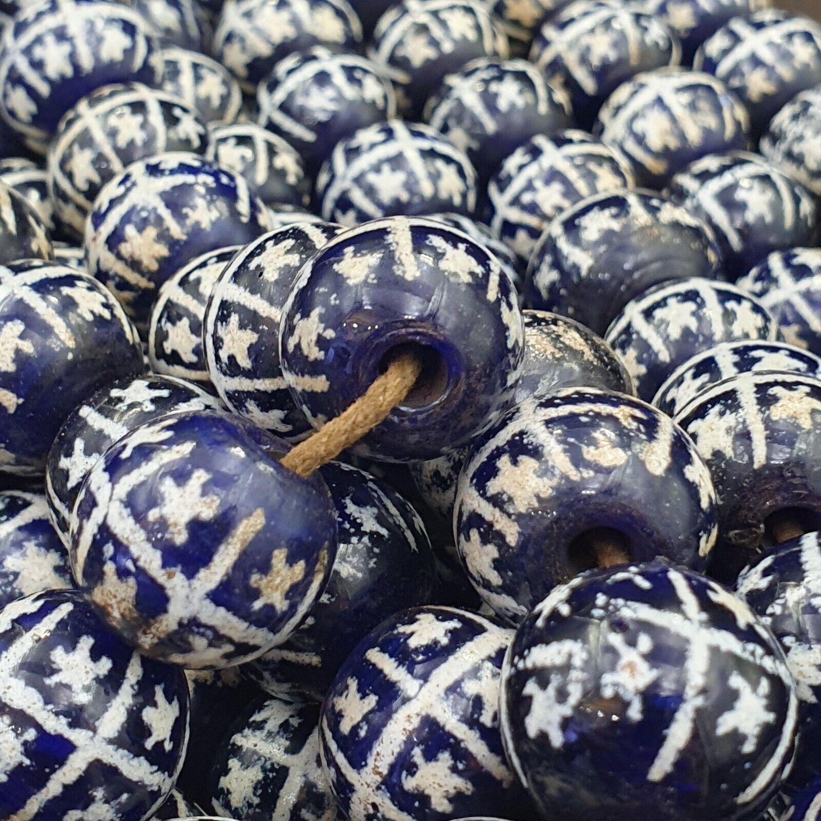 BEAUTIFUL OLD Hand Painted Etched Blue GLASS Vintage ANTIQUE BEADS 17-18mm