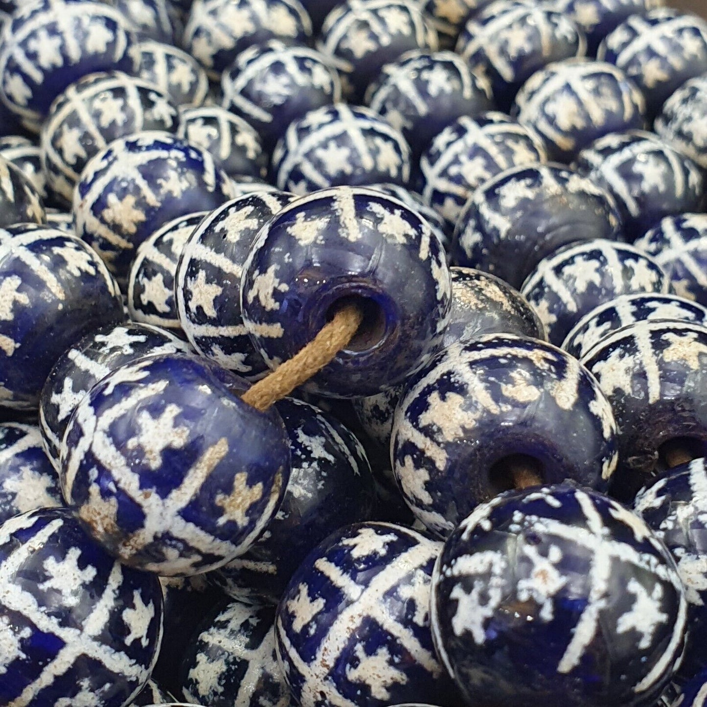BEAUTIFUL OLD Hand Painted Etched Blue GLASS Vintage ANTIQUE BEADS 17-18mm