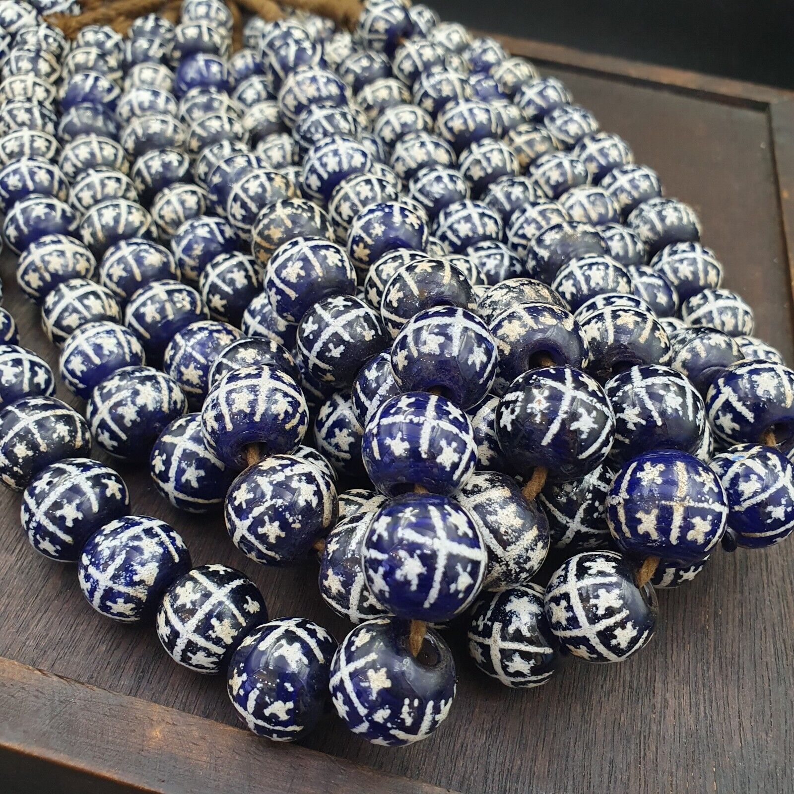 BEAUTIFUL OLD Hand Painted Etched Blue GLASS Vintage ANTIQUE BEADS 17-18mm