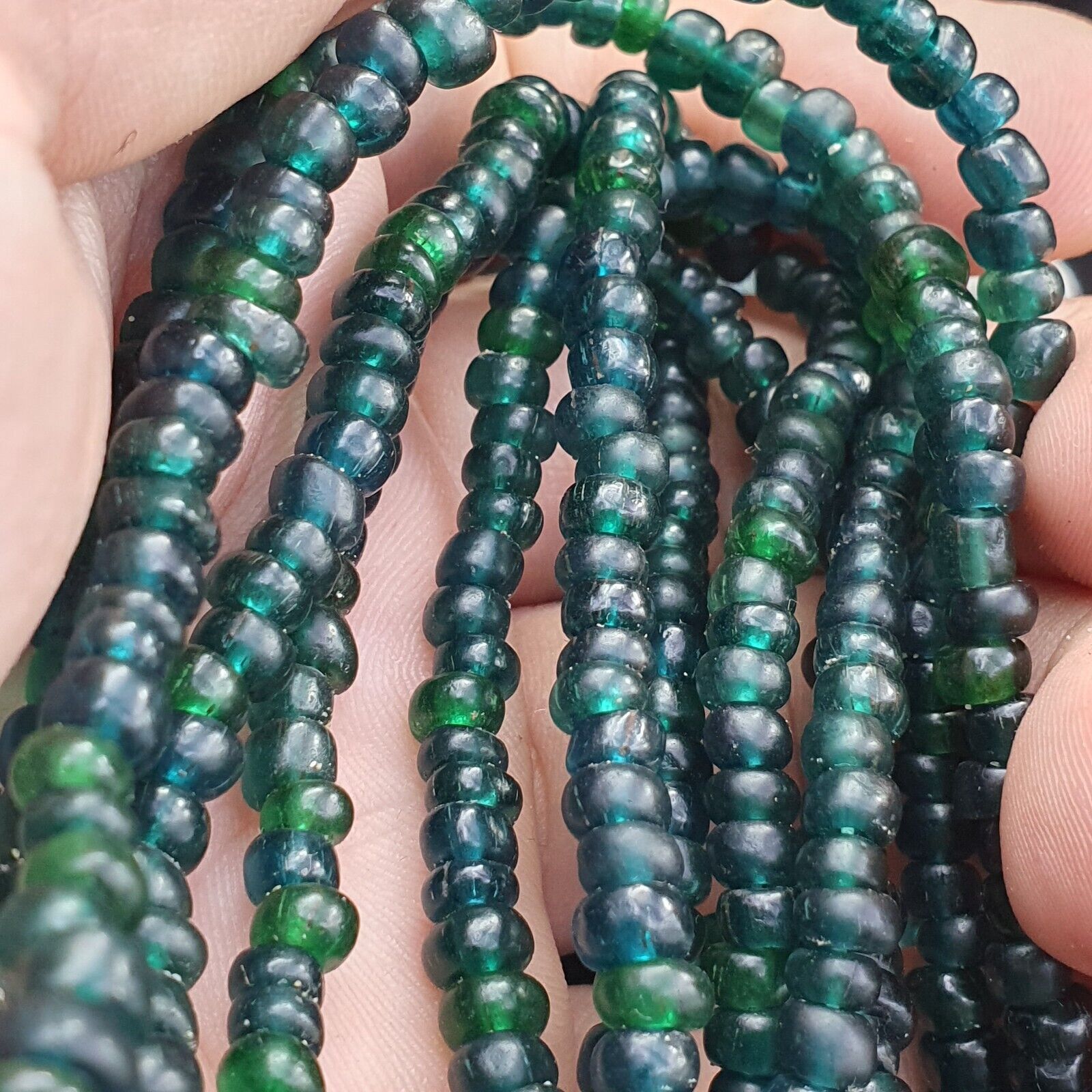 Vintage Antique Tiny Green Blue Beads African Beads Necklace 4.5mm - 5.5mm