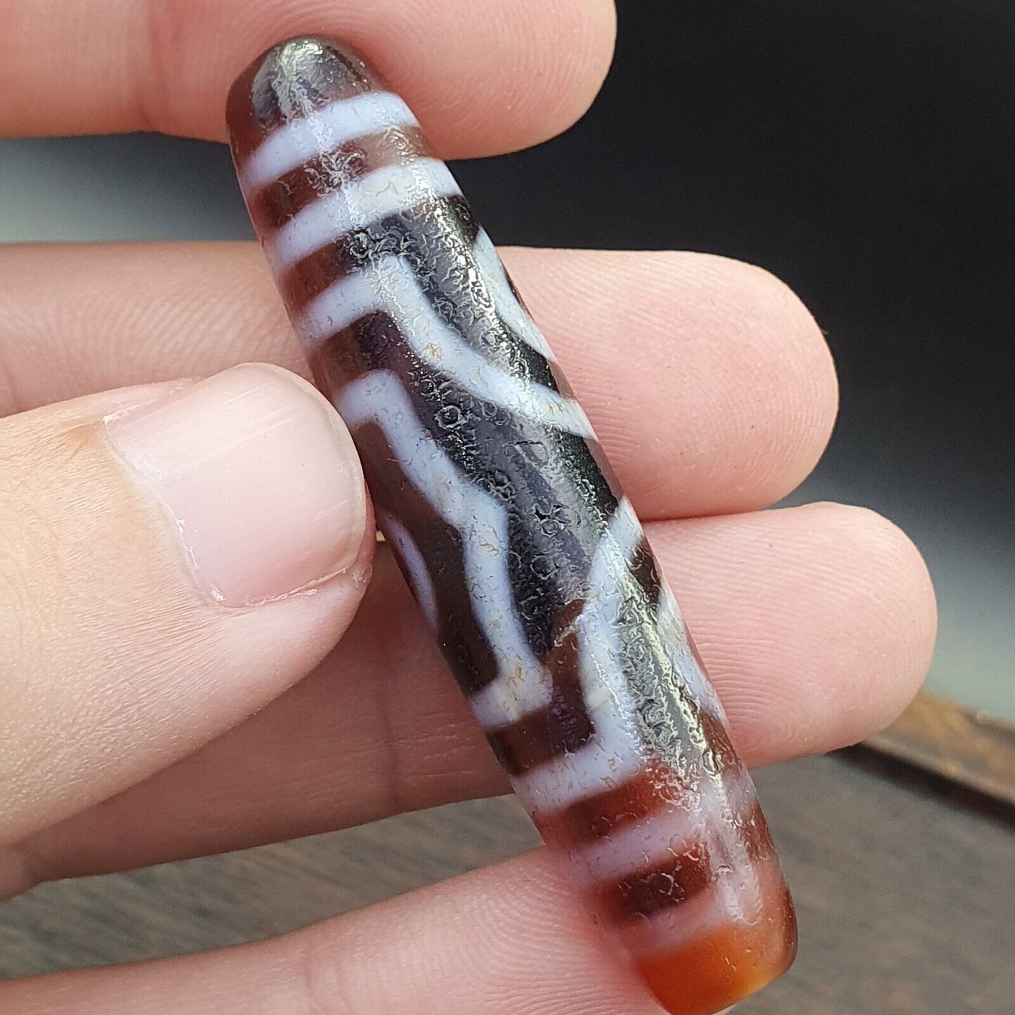 印度藏喜馬拉雅 3 個圖騰眼紅瑪瑙珠護身符天珠
