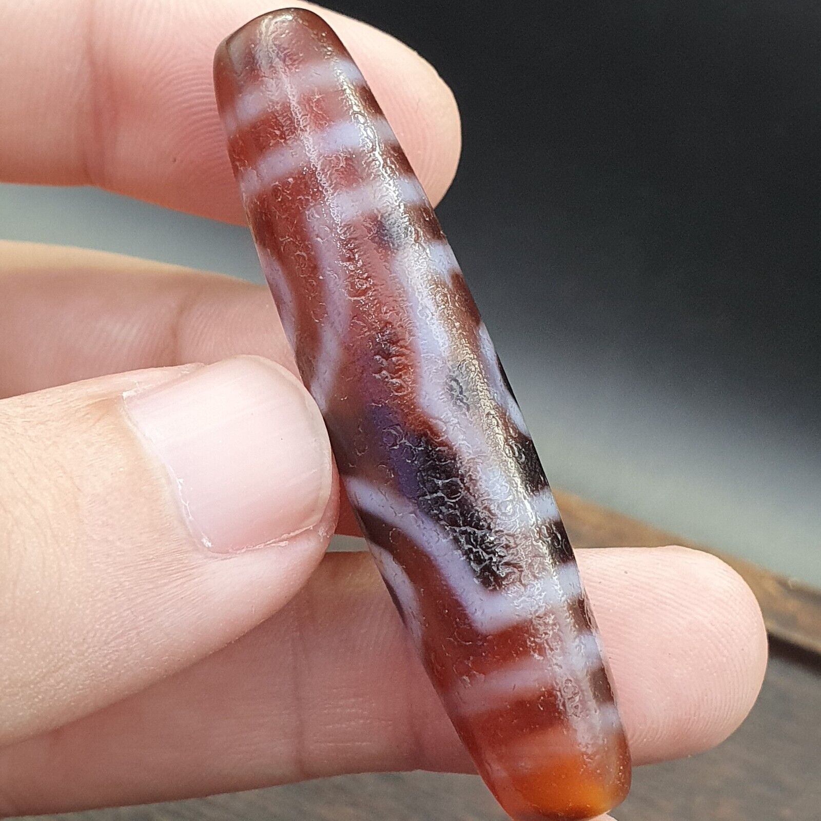 INDO TIBETAN Himalayan 3 Totem Eyes Red Agate bead Amulet Dzi