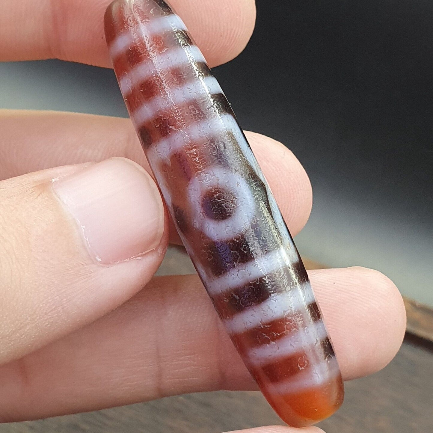 印度藏喜馬拉雅 3 個圖騰眼紅瑪瑙珠護身符天珠