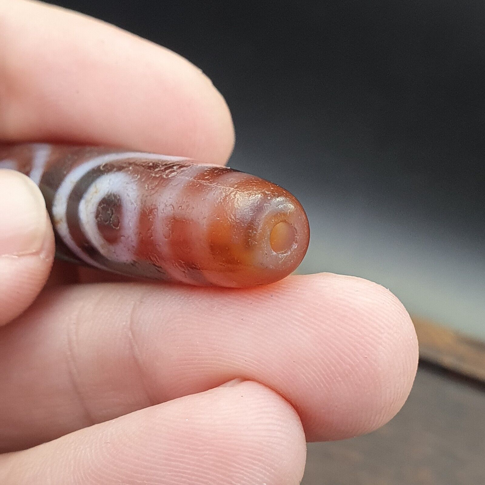 INDO TIBETAN Himalayan 3 Totem Eyes Red Agate bead Amulet Dzi