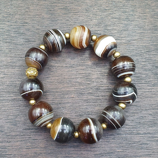 Antique Soleimani Agate Beads, Banded Agate Beads Bracelet 11 Beads
