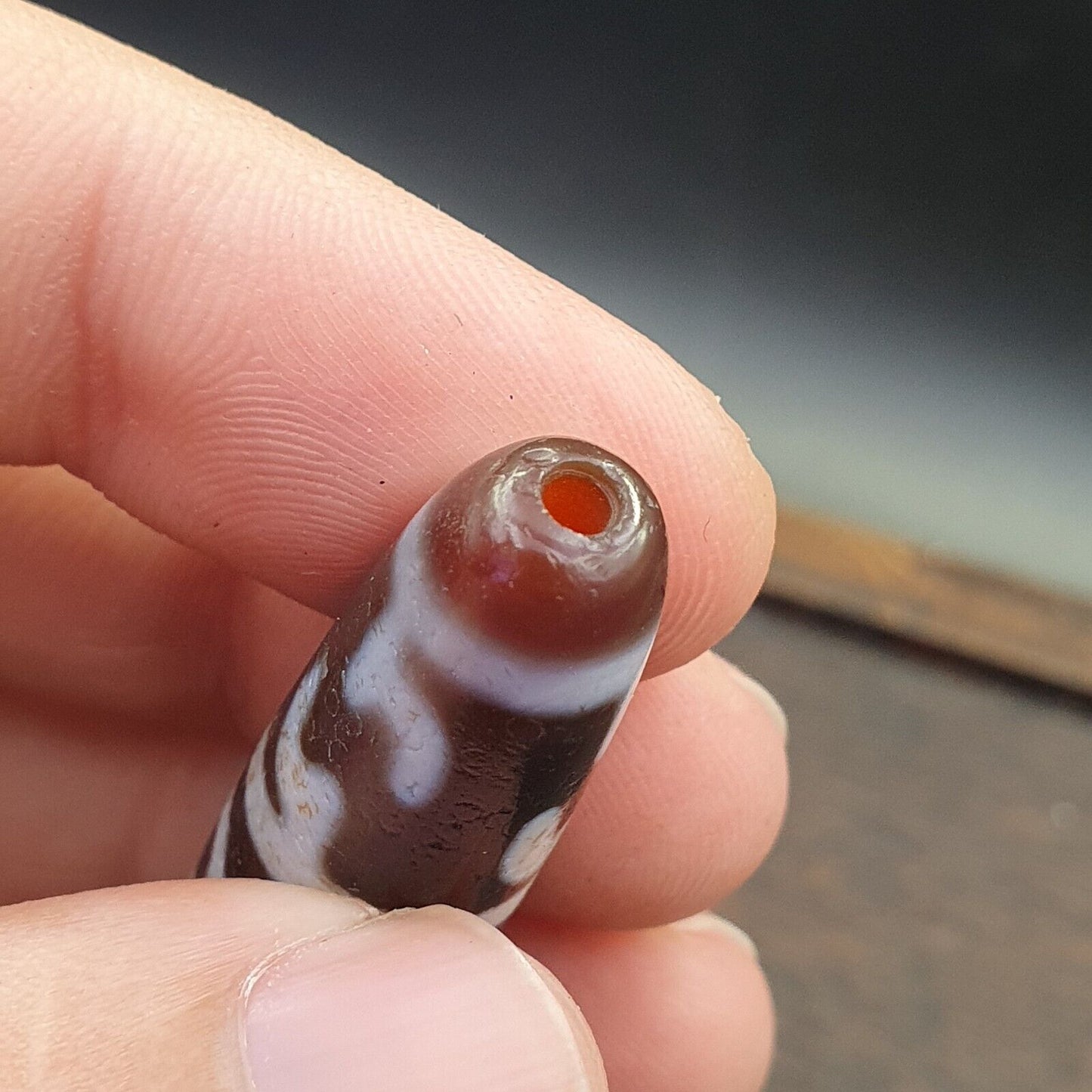 Seltenes Muster INDO TIBETISCHER Himalaya 4 Totemaugen Rote Achatperle Amulett Dzi