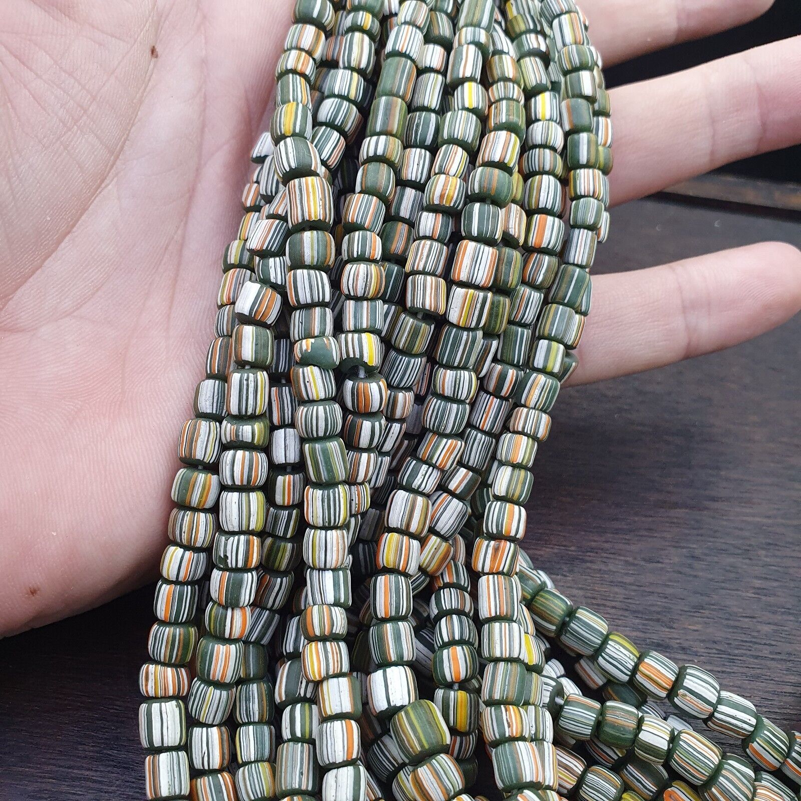 Lot 2 Strands OLD AFRICAN Yellow Stripes Green GLASS BEADS Vintage Strands