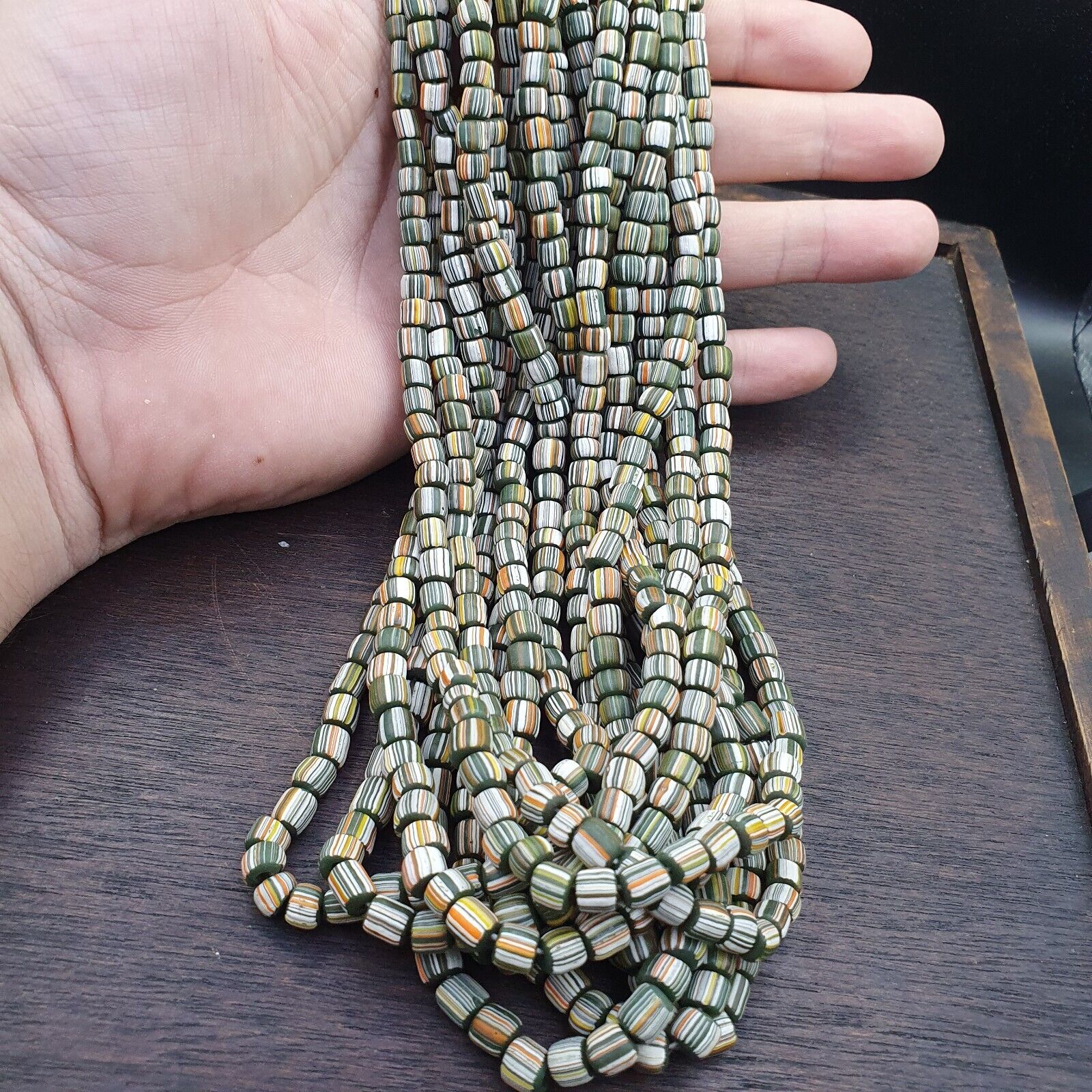 Lot 2 Strands OLD AFRICAN Yellow Stripes Green GLASS BEADS Vintage Strands