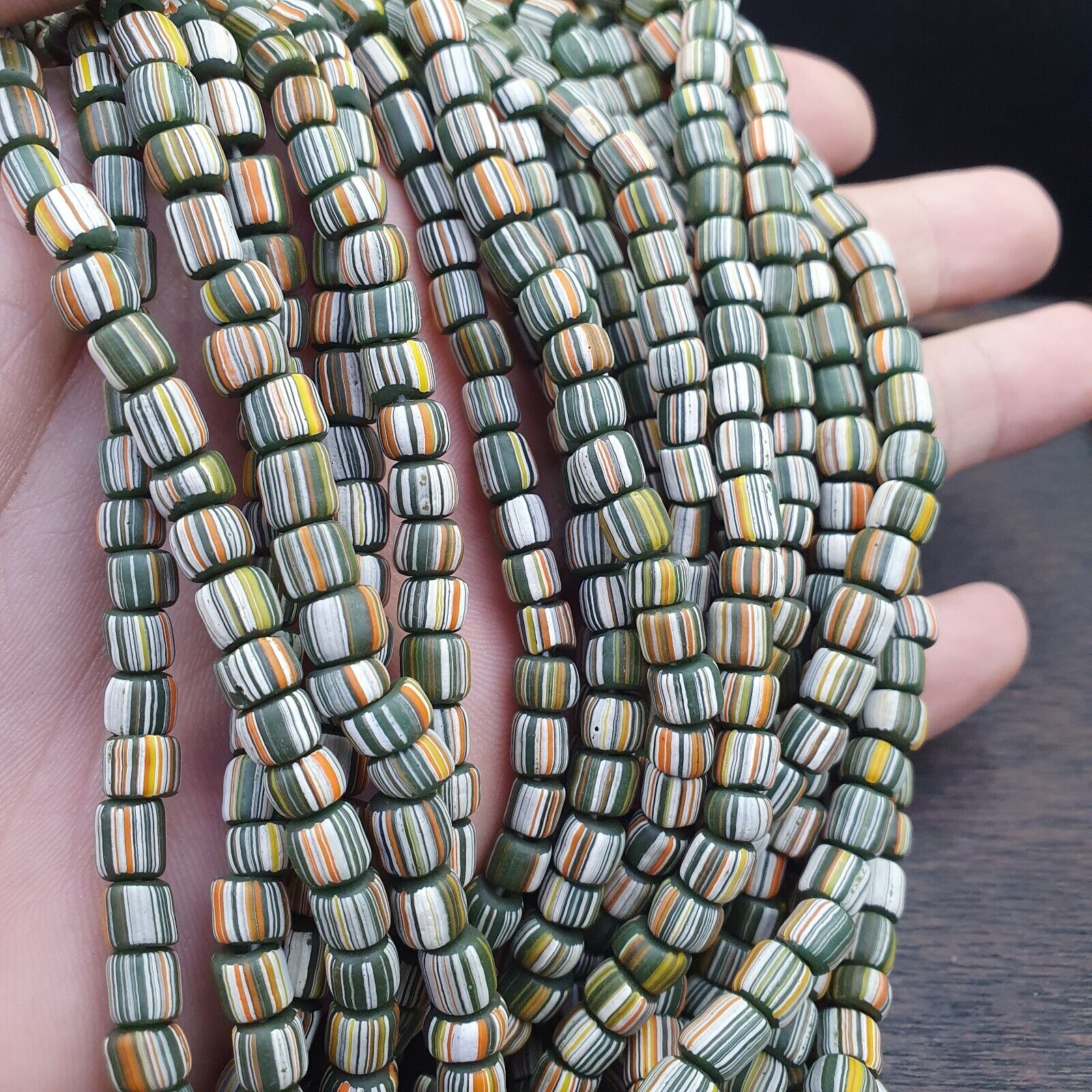 Lot 2 Strands OLD AFRICAN Yellow Stripes Green GLASS BEADS Vintage Strands