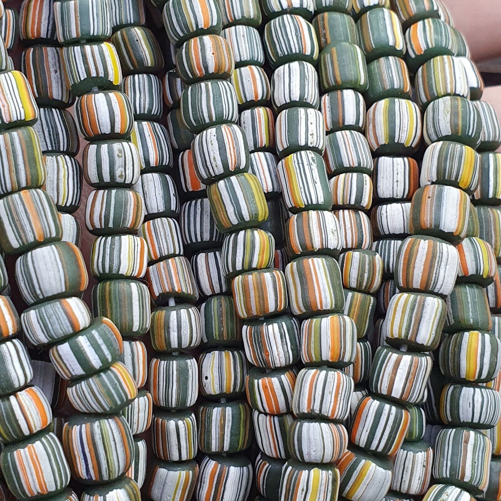 Lot 2 Strands OLD AFRICAN Yellow Stripes Green GLASS BEADS Vintage Strands
