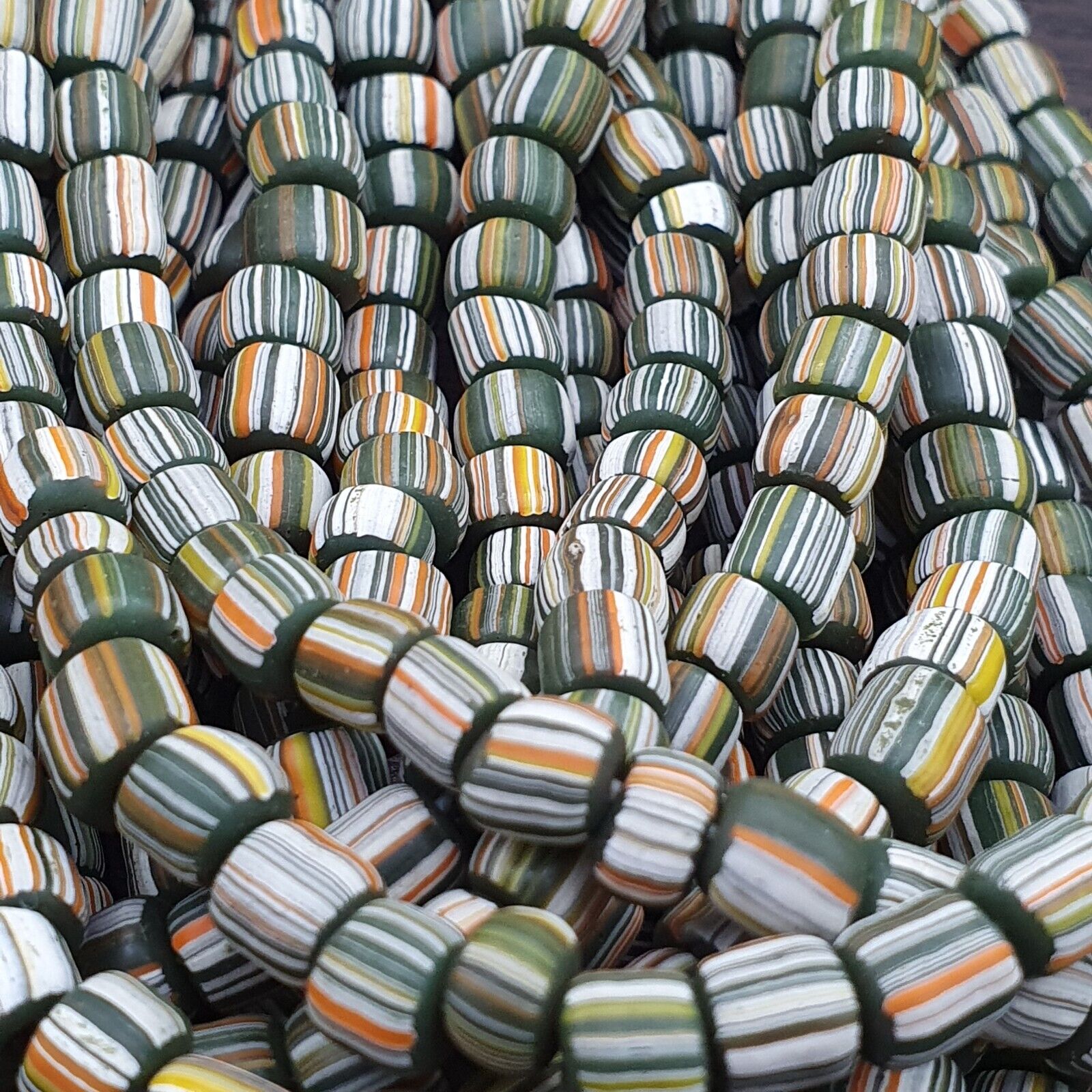 Lot 2 Strands OLD AFRICAN Yellow Stripes Green GLASS BEADS Vintage Strands