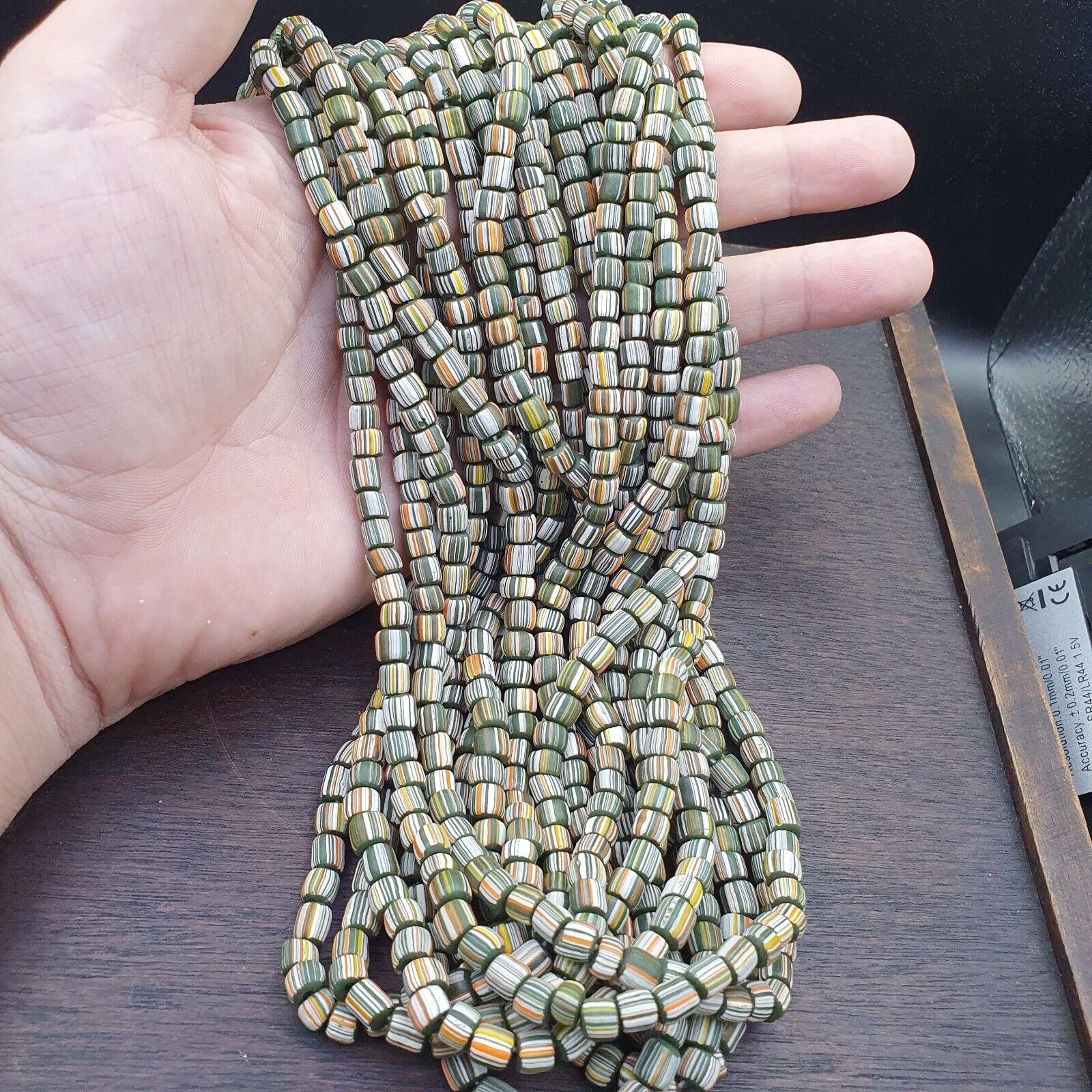 Lot 2 Strands OLD AFRICAN Yellow Stripes Green GLASS BEADS Vintage Strands