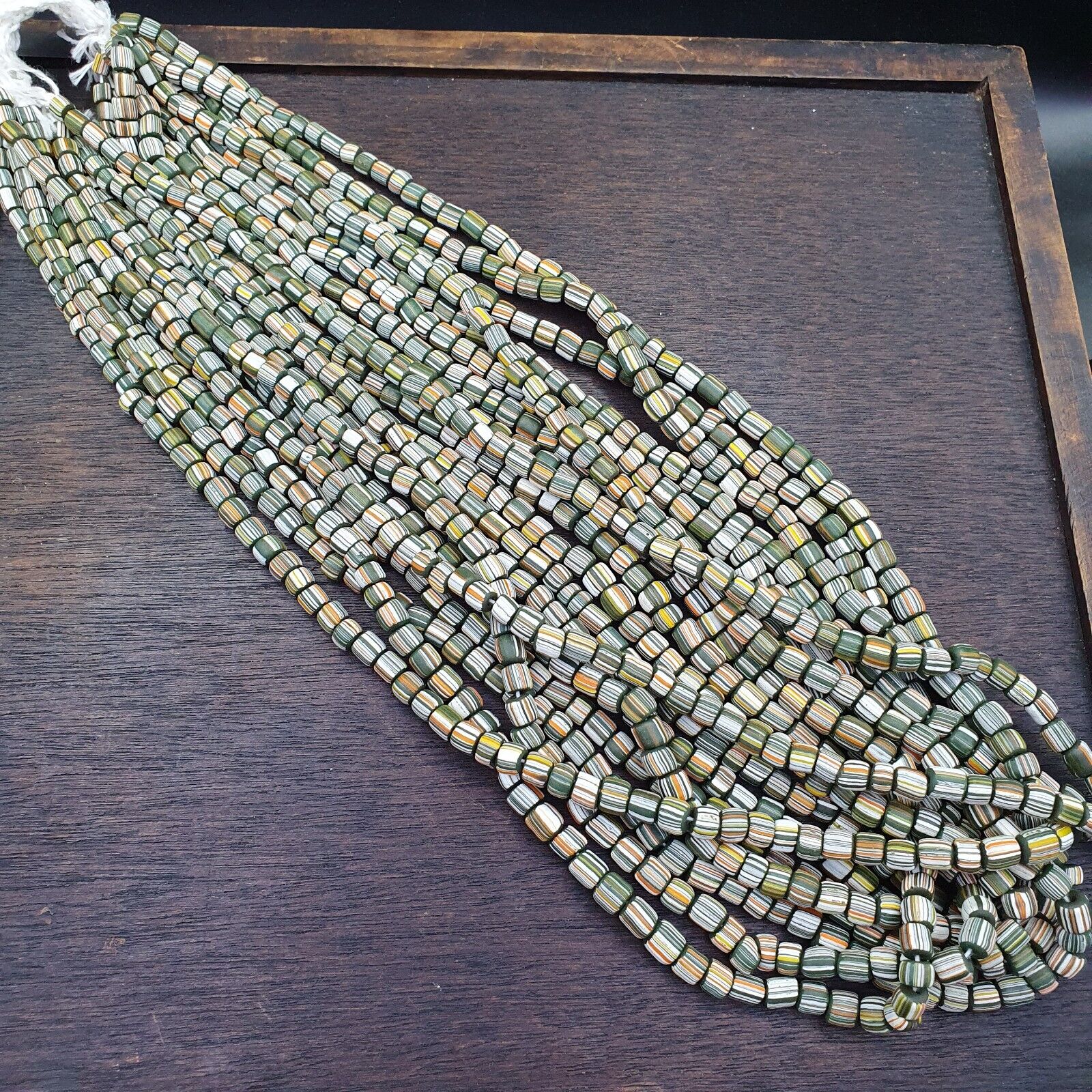 Lot 2 Strands OLD AFRICAN Yellow Stripes Green GLASS BEADS Vintage Strands