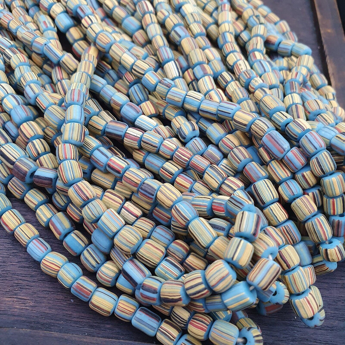 Lot 2 Strands OLD AFRICAN Turquoise Blue Stripes GLASS BEADS Vintage Strands