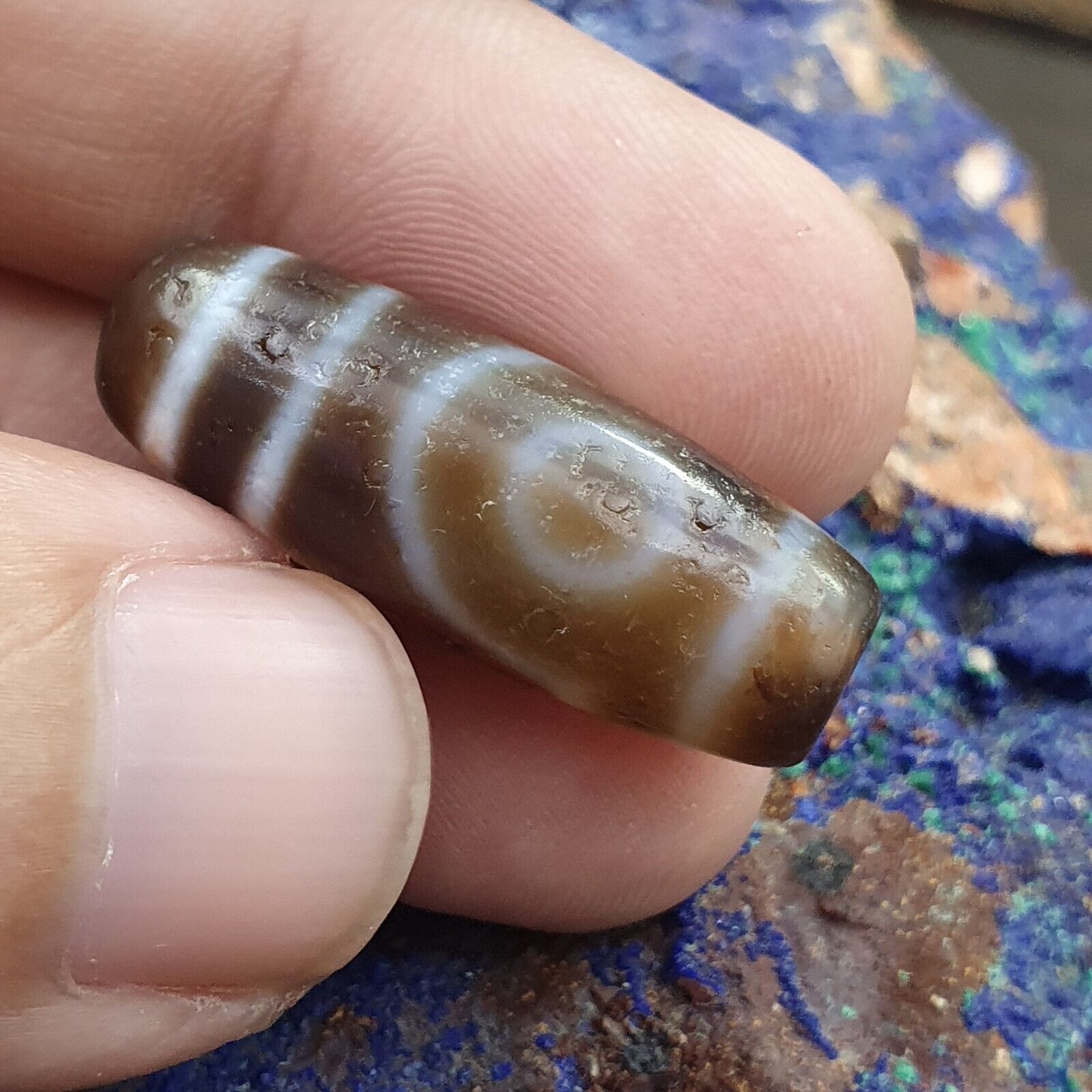 Antique Old Tibetan 1Circle Eyes 1 Aquare Eye Agate stone Dzi Bead Amulet HQ-7