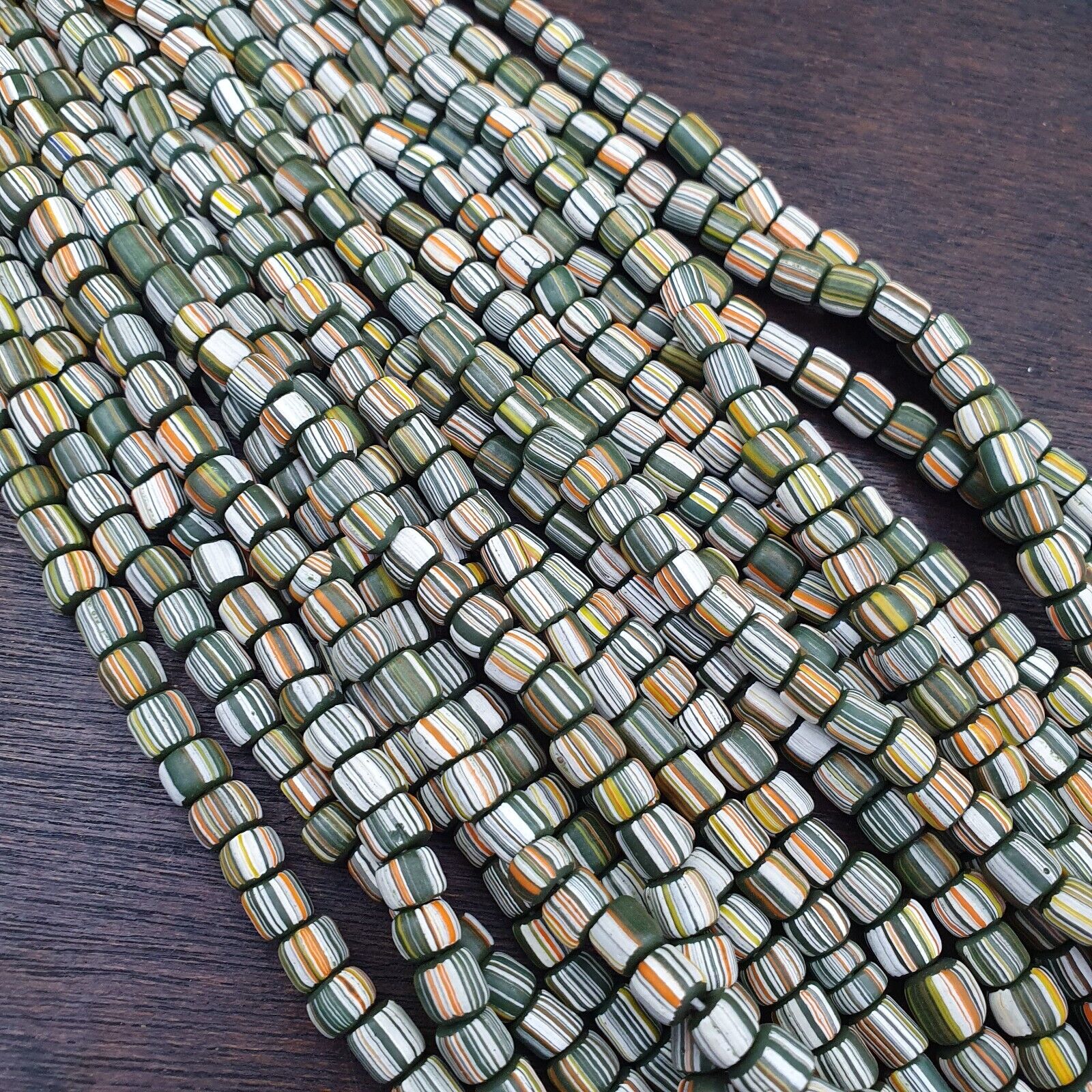 Lot 2 Strands OLD AFRICAN Yellow Stripes Green GLASS BEADS Vintage Strands