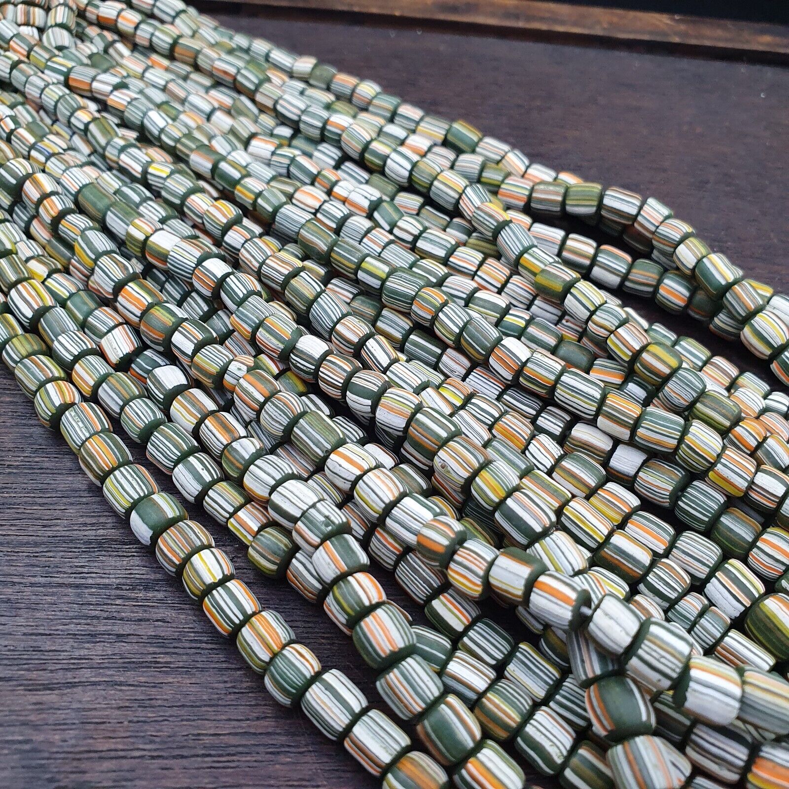 Lot 2 Strands OLD AFRICAN Yellow Stripes Green GLASS BEADS Vintage Strands