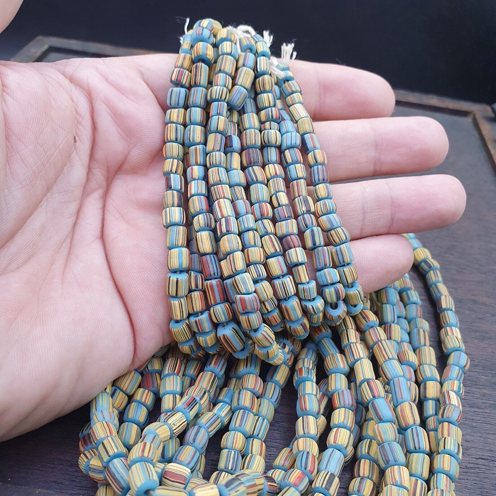 Lot 2 Strands OLD AFRICAN Turquoise Blue Stripes GLASS BEADS Vintage Strands