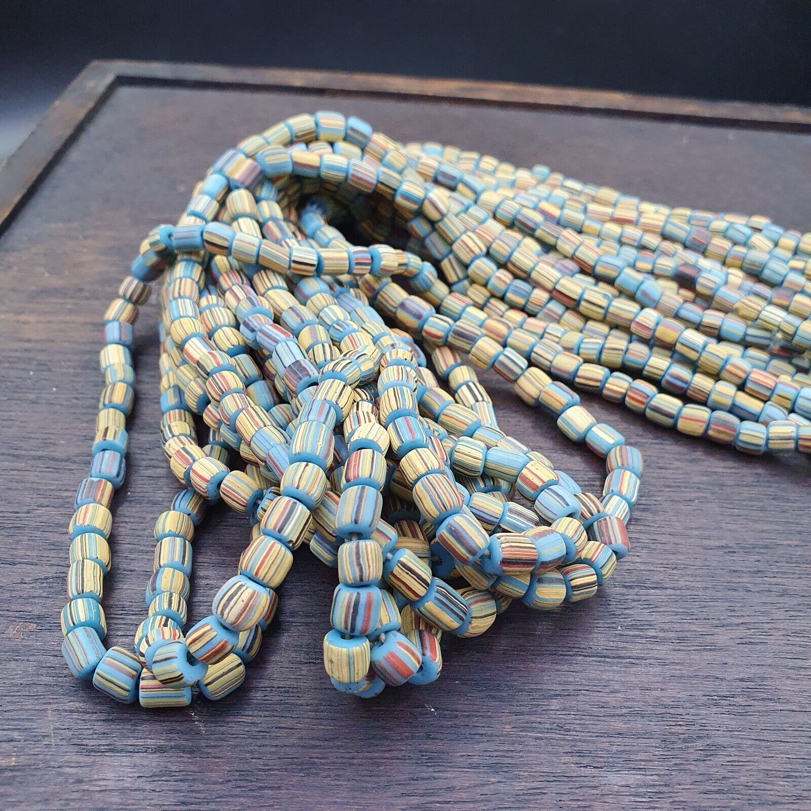 Lot 2 Strands OLD AFRICAN Turquoise Blue Stripes GLASS BEADS Vintage Strands