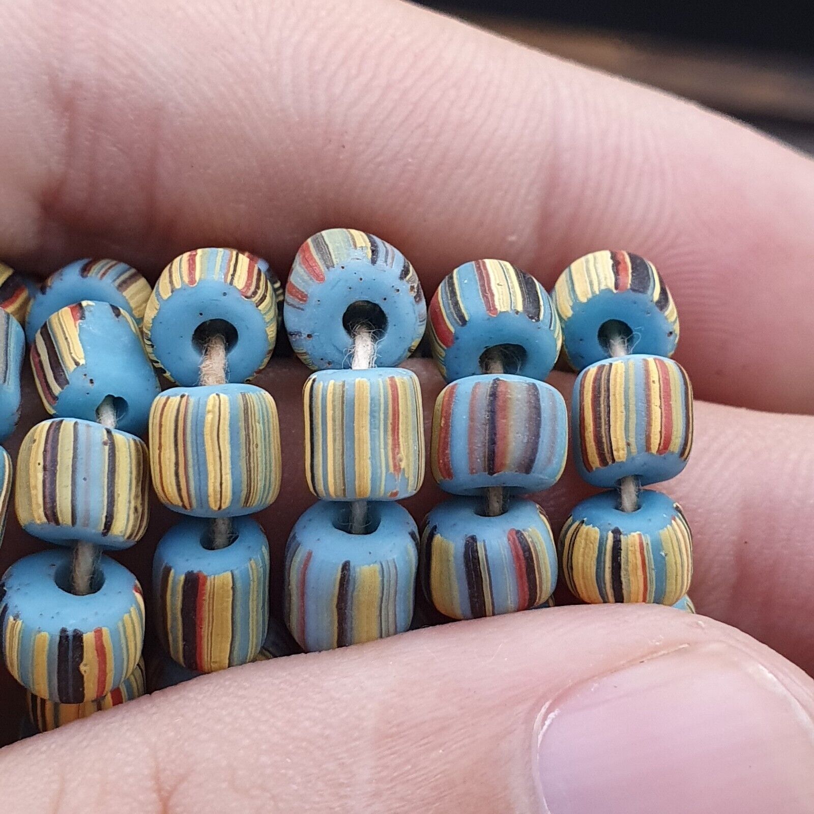 Lot 2 Strands OLD AFRICAN Turquoise Blue Stripes GLASS BEADS Vintage Strands