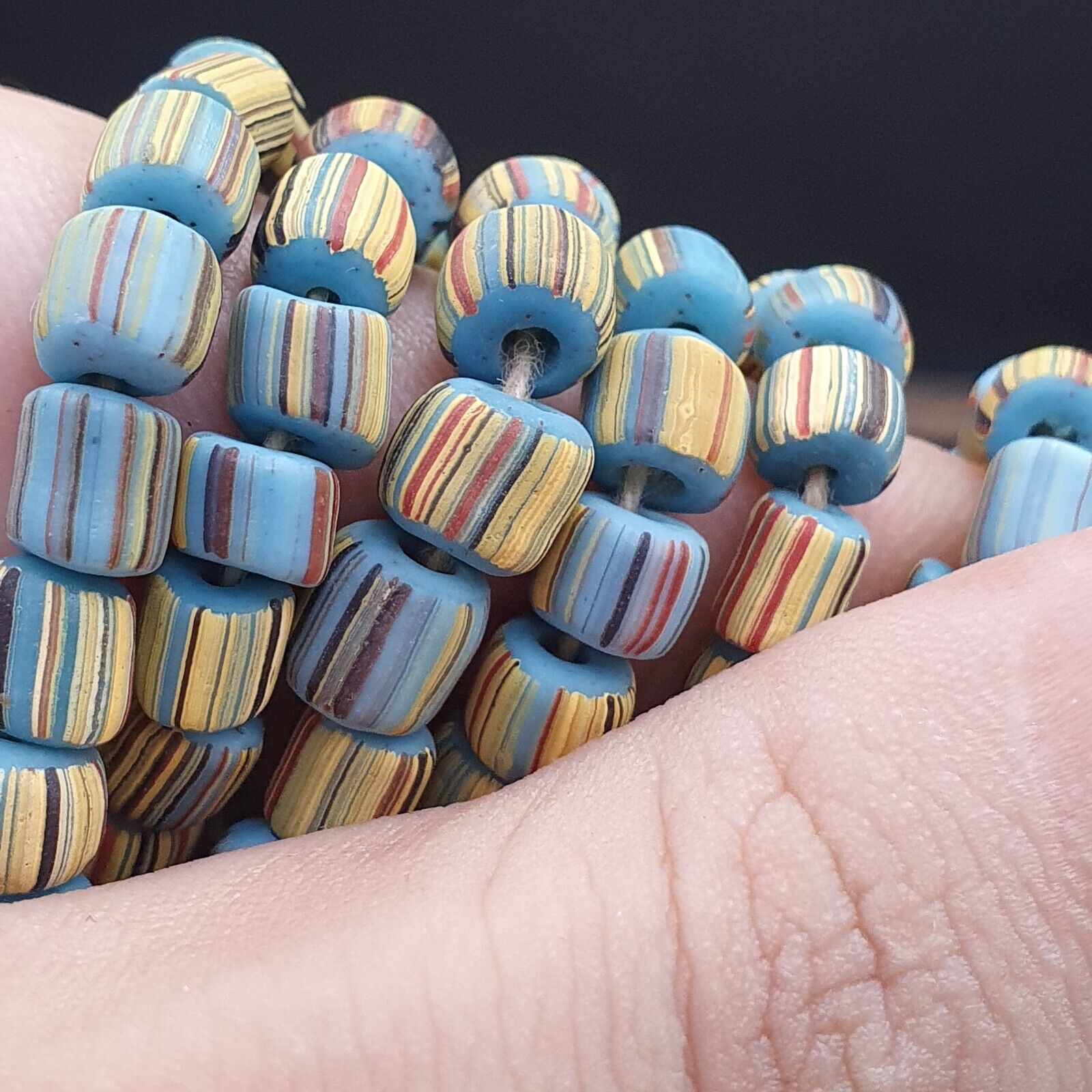 Lot 2 Strands OLD AFRICAN Turquoise Blue Stripes GLASS BEADS Vintage Strands