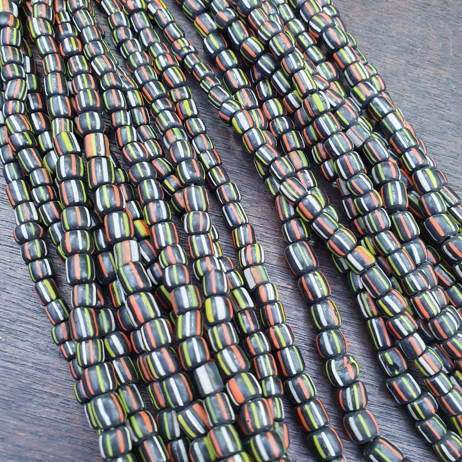 Lot 2 Strands OLD AFRICAN Stripes Black  GLASS BEADS Vintage Strands