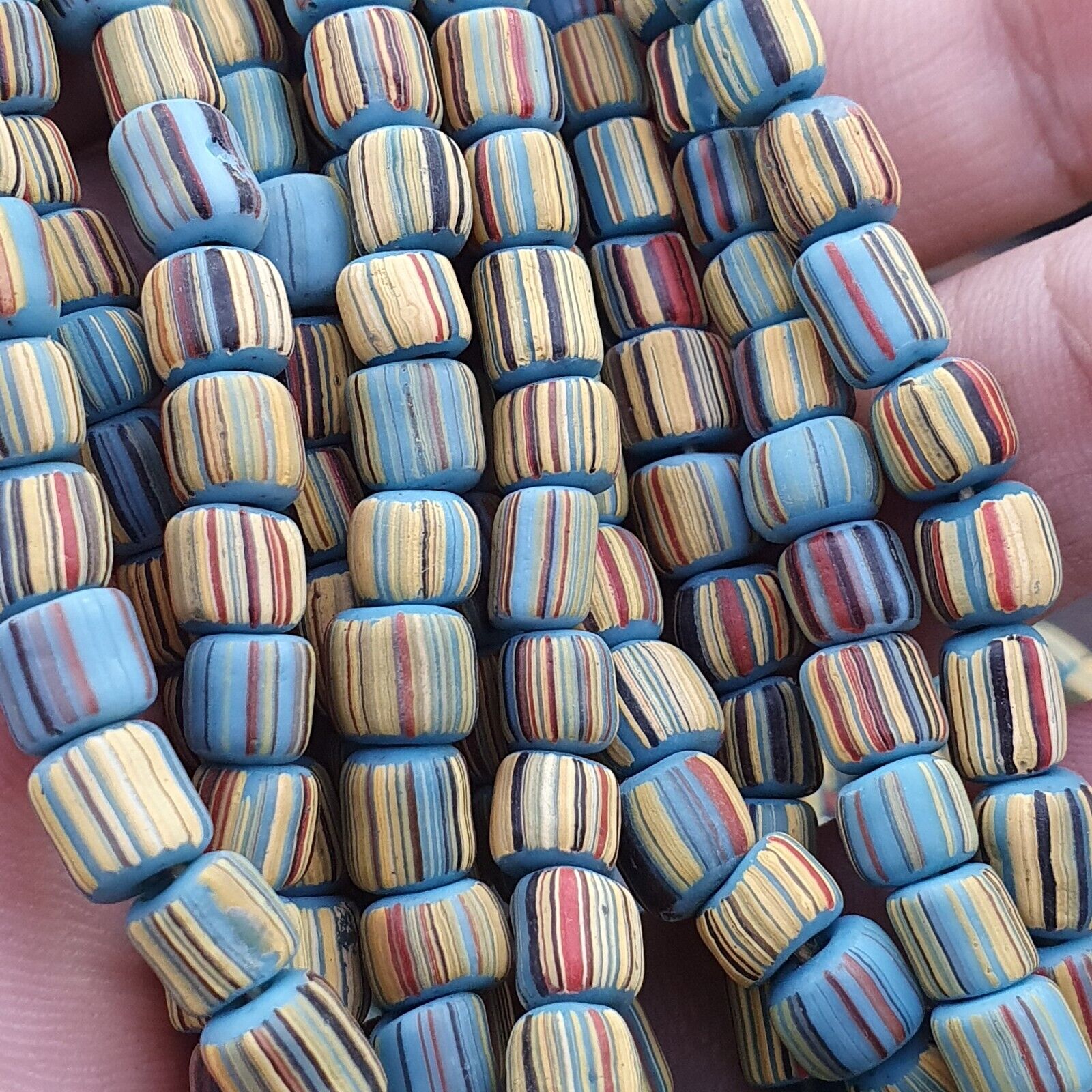 Lot 2 Strands OLD AFRICAN Turquoise Blue Stripes GLASS BEADS Vintage Strands