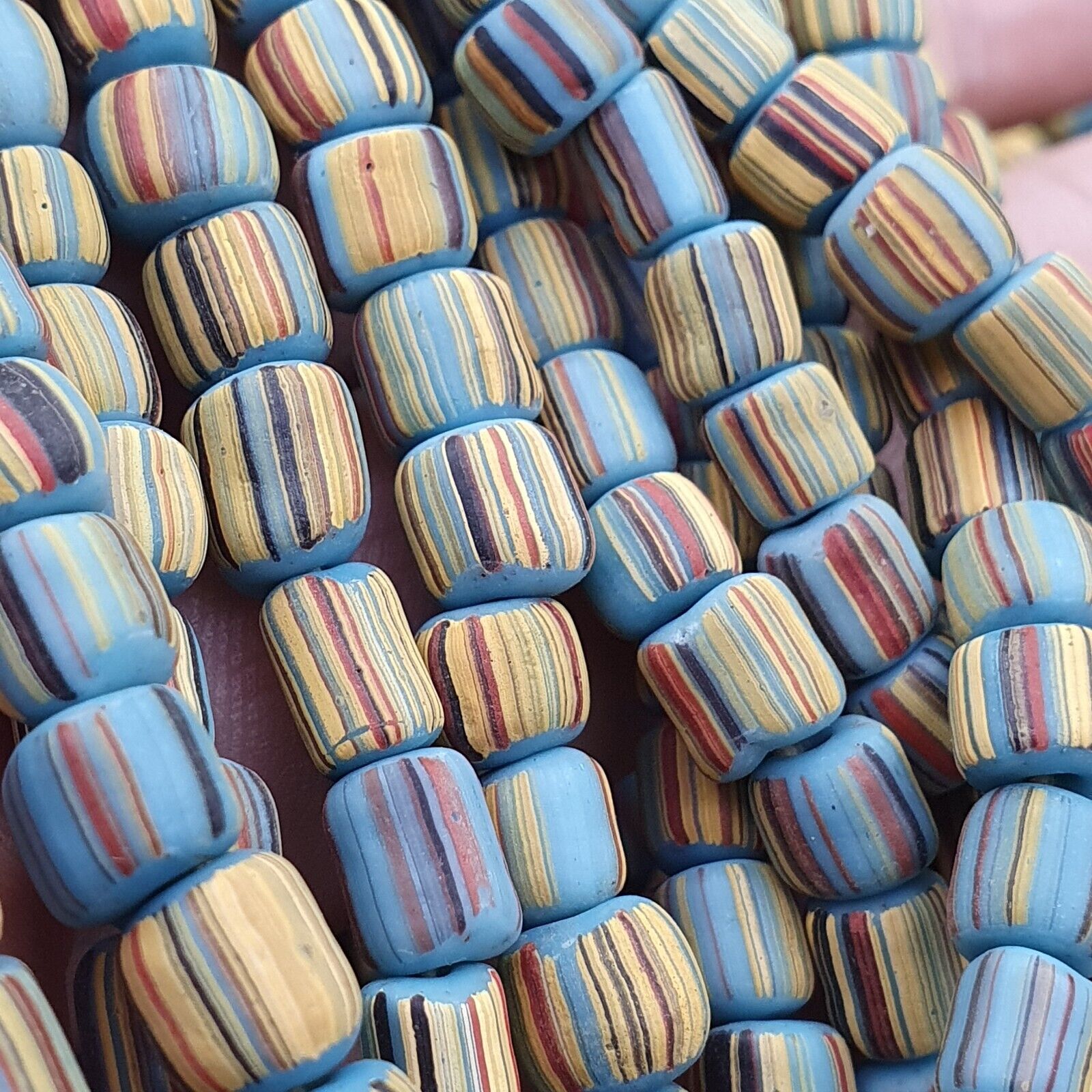 Lot 2 Strands OLD AFRICAN Turquoise Blue Stripes GLASS BEADS Vintage Strands