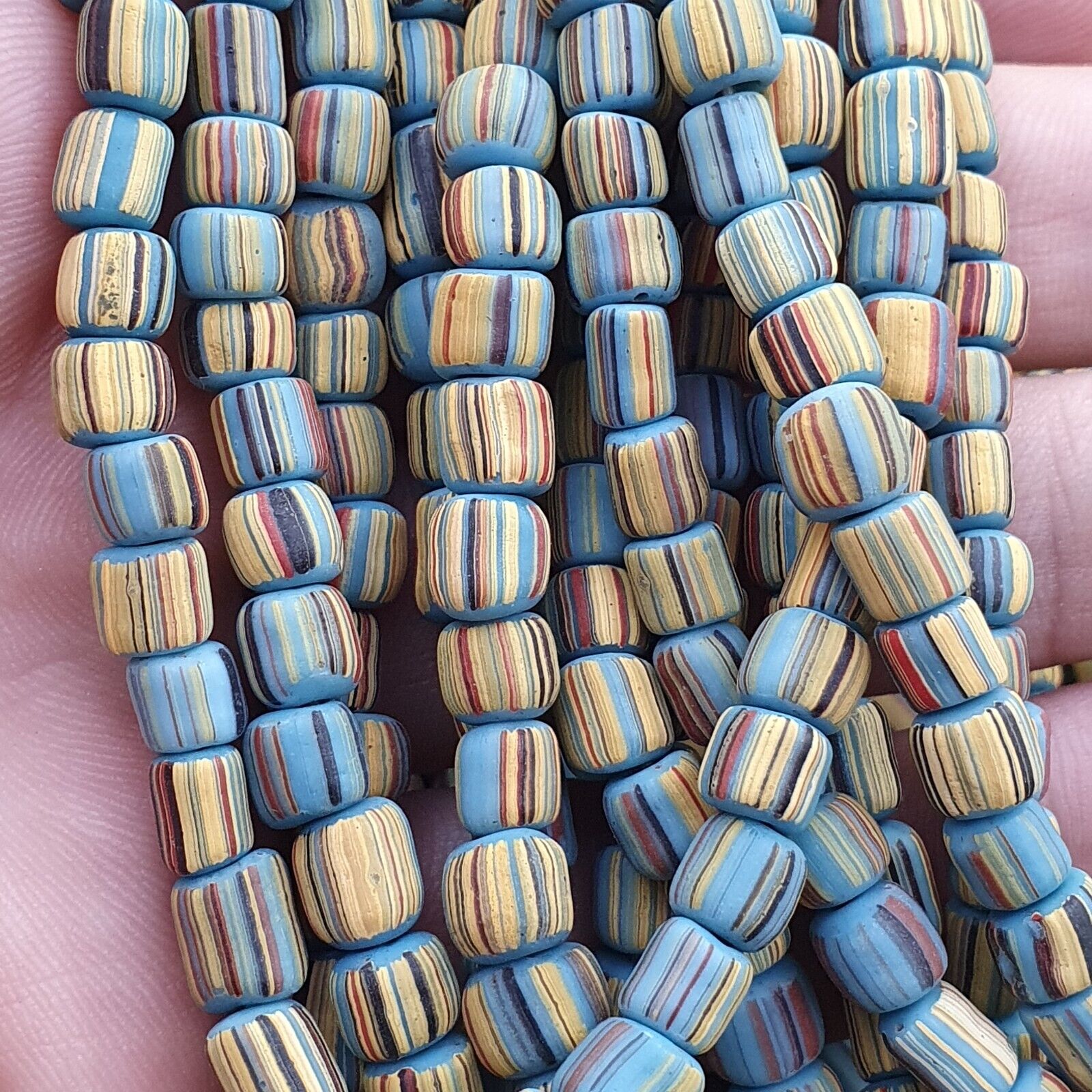 Lot 2 Strands OLD AFRICAN Turquoise Blue Stripes GLASS BEADS Vintage Strands
