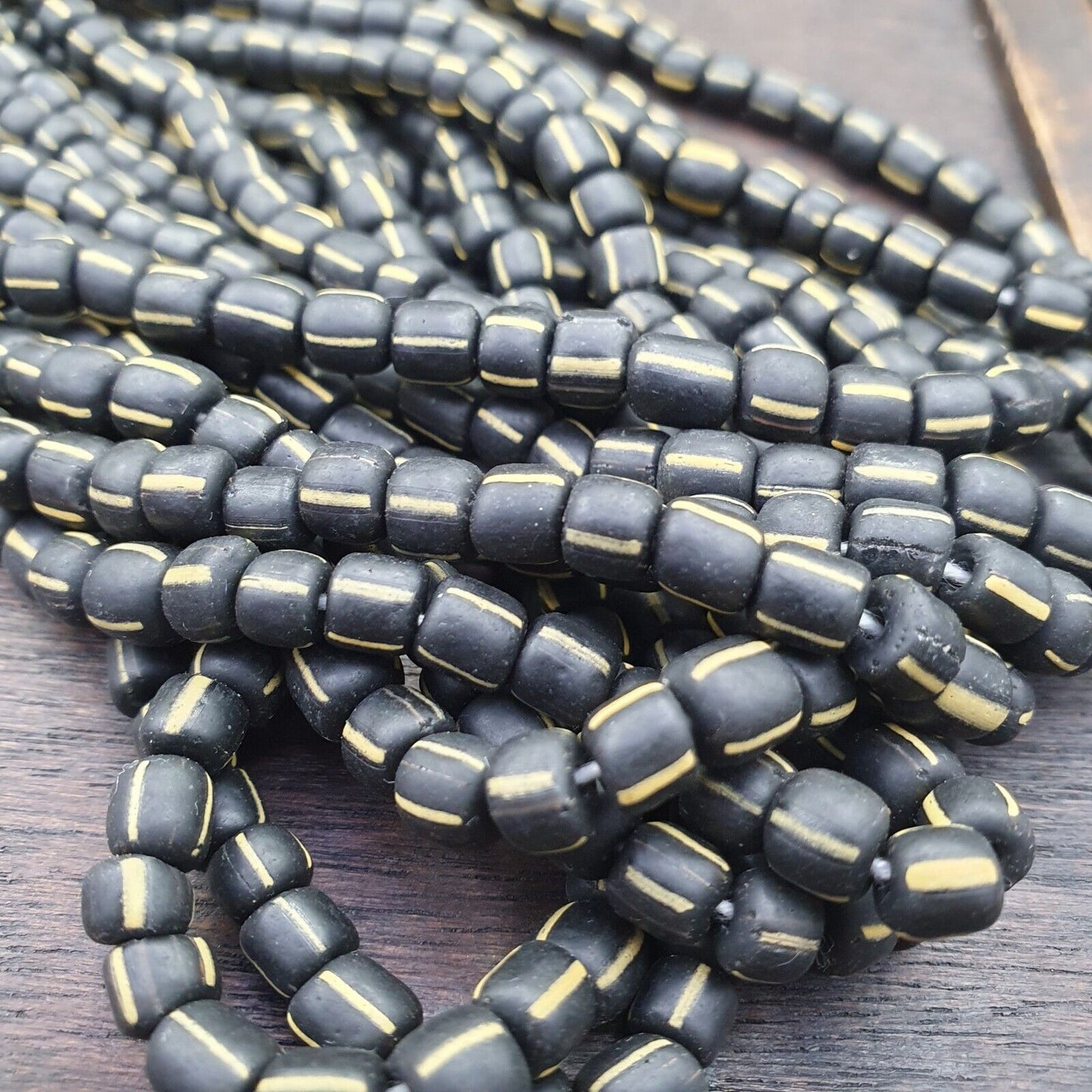 批量 2 串老非洲黃色條紋黑色玻璃珠復古串