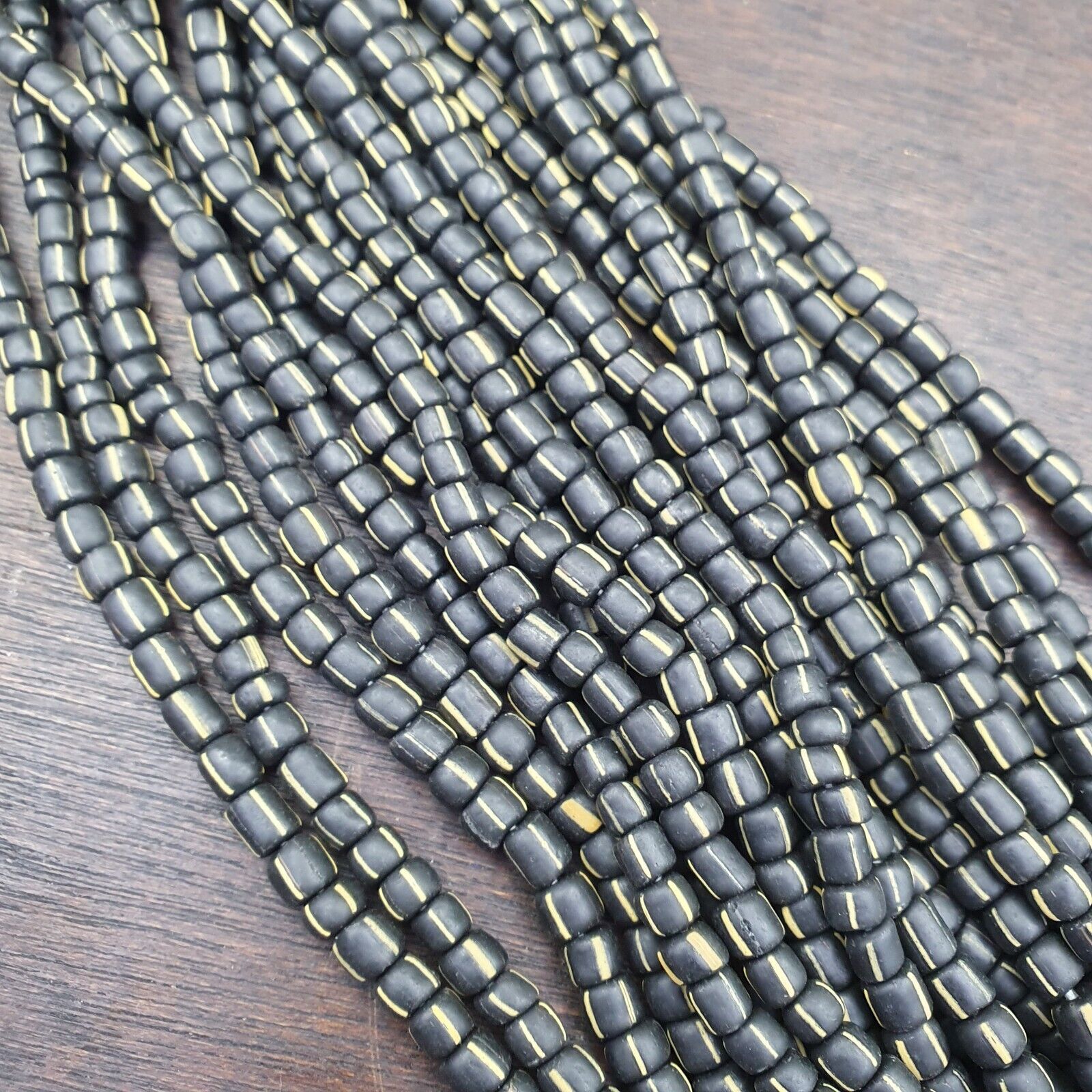 Lot 2 Strands OLD AFRICAN Yellow Stripes Black GLASS BEADS Vintage Strands