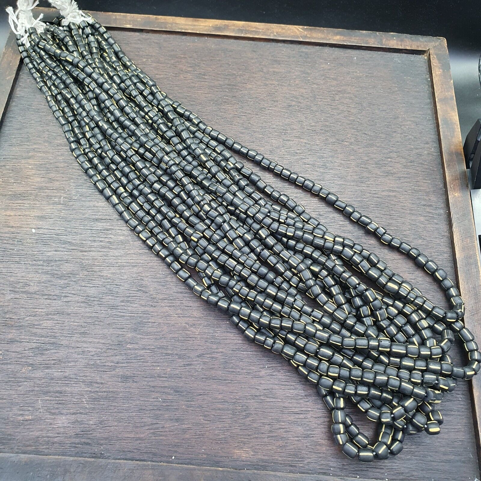 Lot 2 Strands OLD AFRICAN Yellow Stripes Black GLASS BEADS Vintage Strands