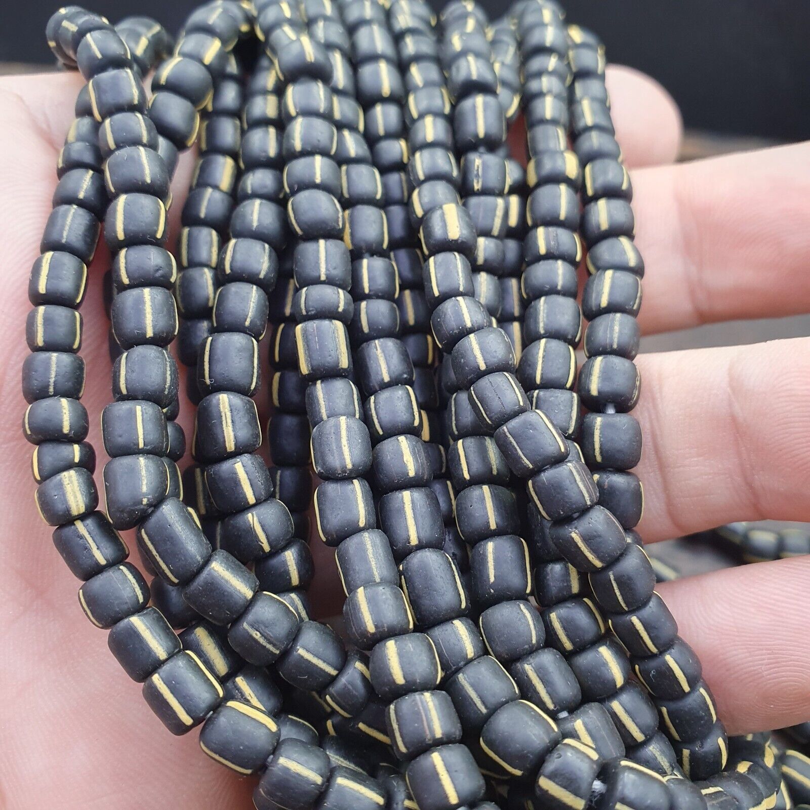 Lot 2 Strands OLD AFRICAN Yellow Stripes Black GLASS BEADS Vintage Strands