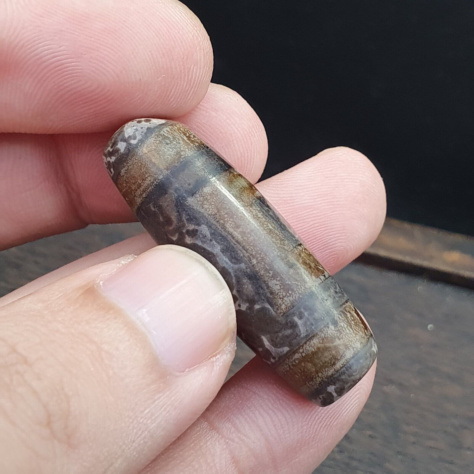 Vintage Old Tibetan 2Circle Eyes Agate stone Dzi Bead Amulet S-1