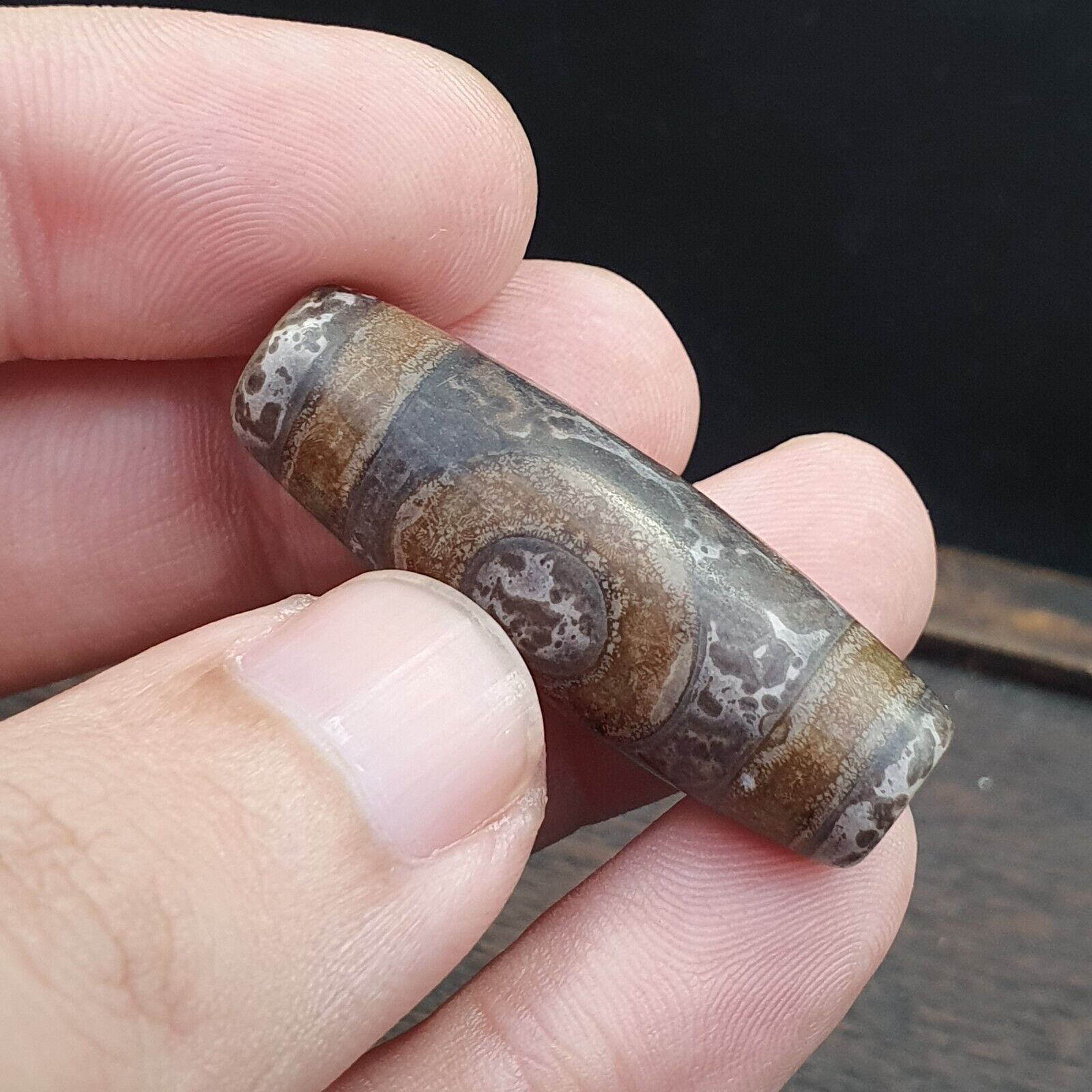 Vintage Old Tibetan 2Circle Eyes Agate stone Dzi Bead Amulet S-1