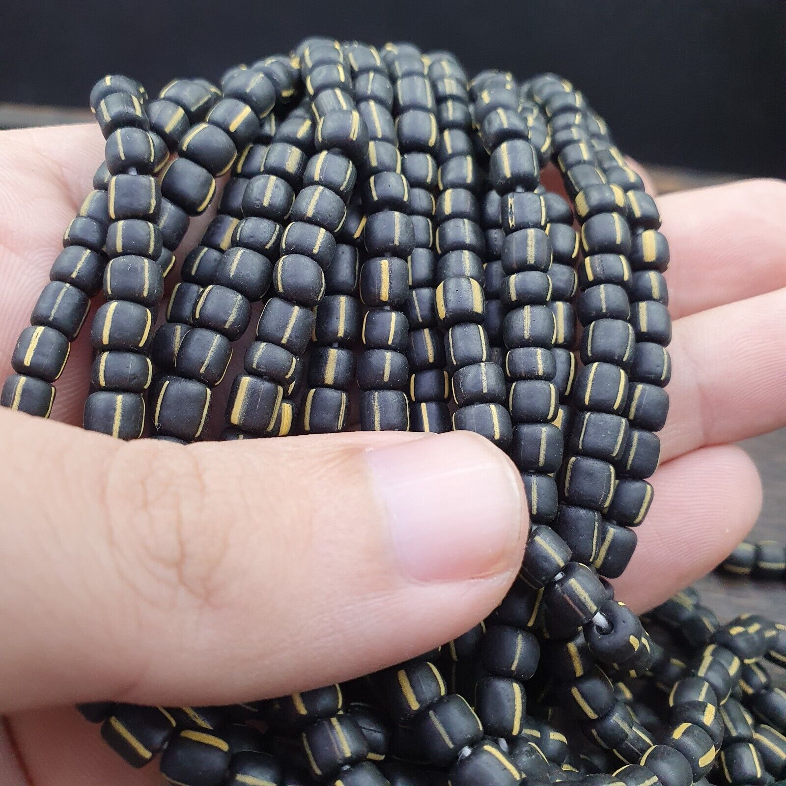 Lot 2 Strands OLD AFRICAN Yellow Stripes Black GLASS BEADS Vintage Strands