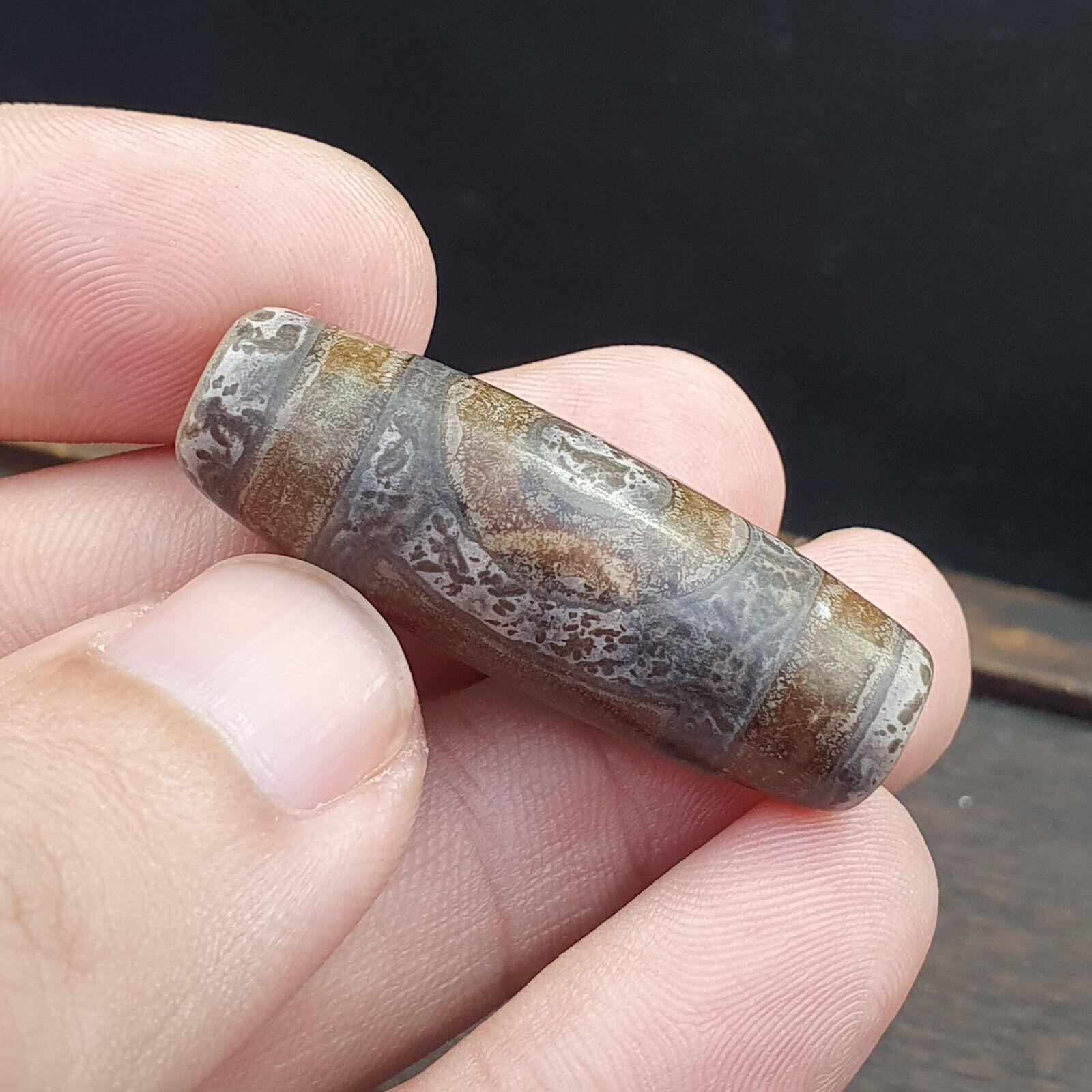 Vintage Old Tibetan 2Circle Eyes Agate stone Dzi Bead Amulet S-1