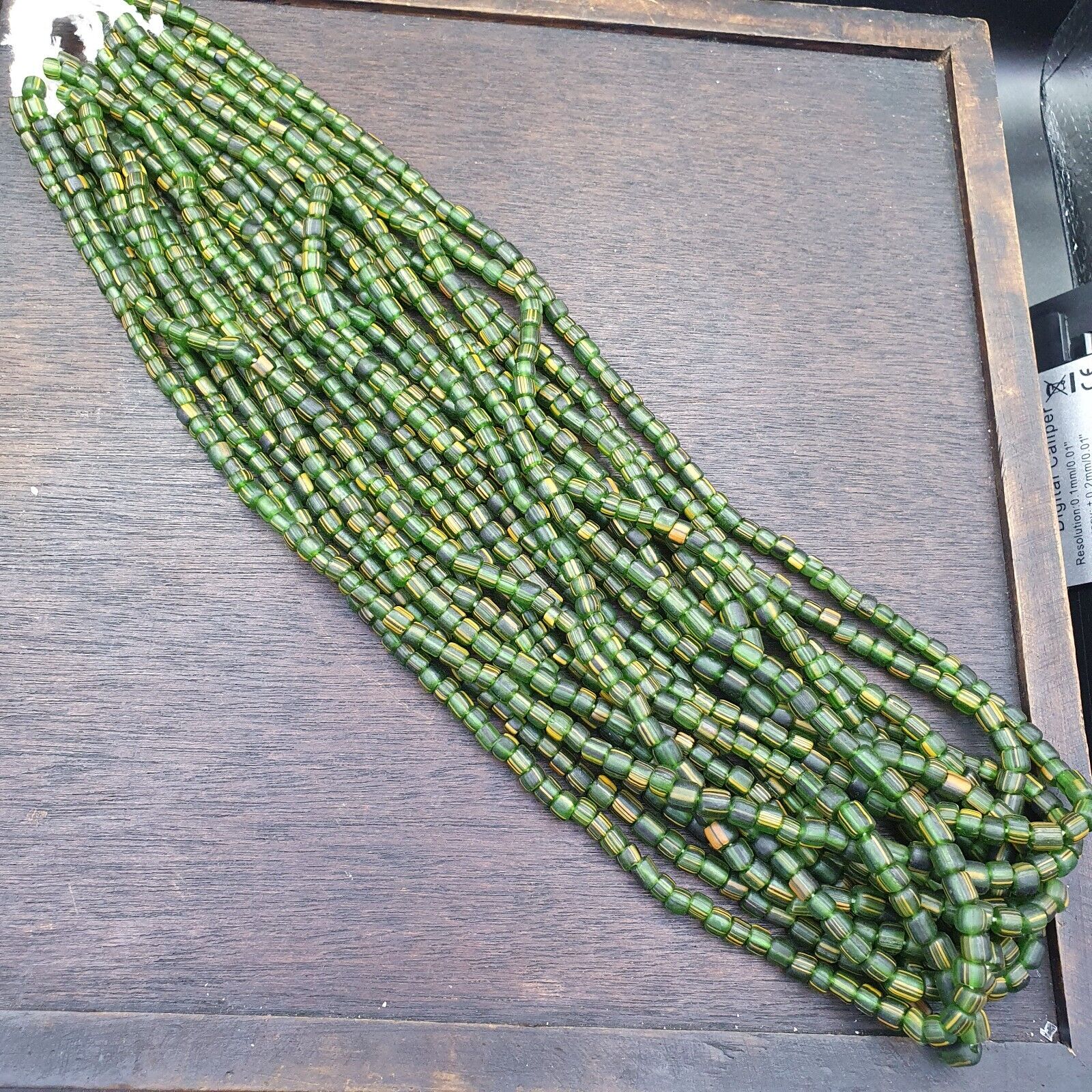 Lot 2 Strands OLD AFRICAN Yellow Stripes Green GLASS BEADS Vintage Strands