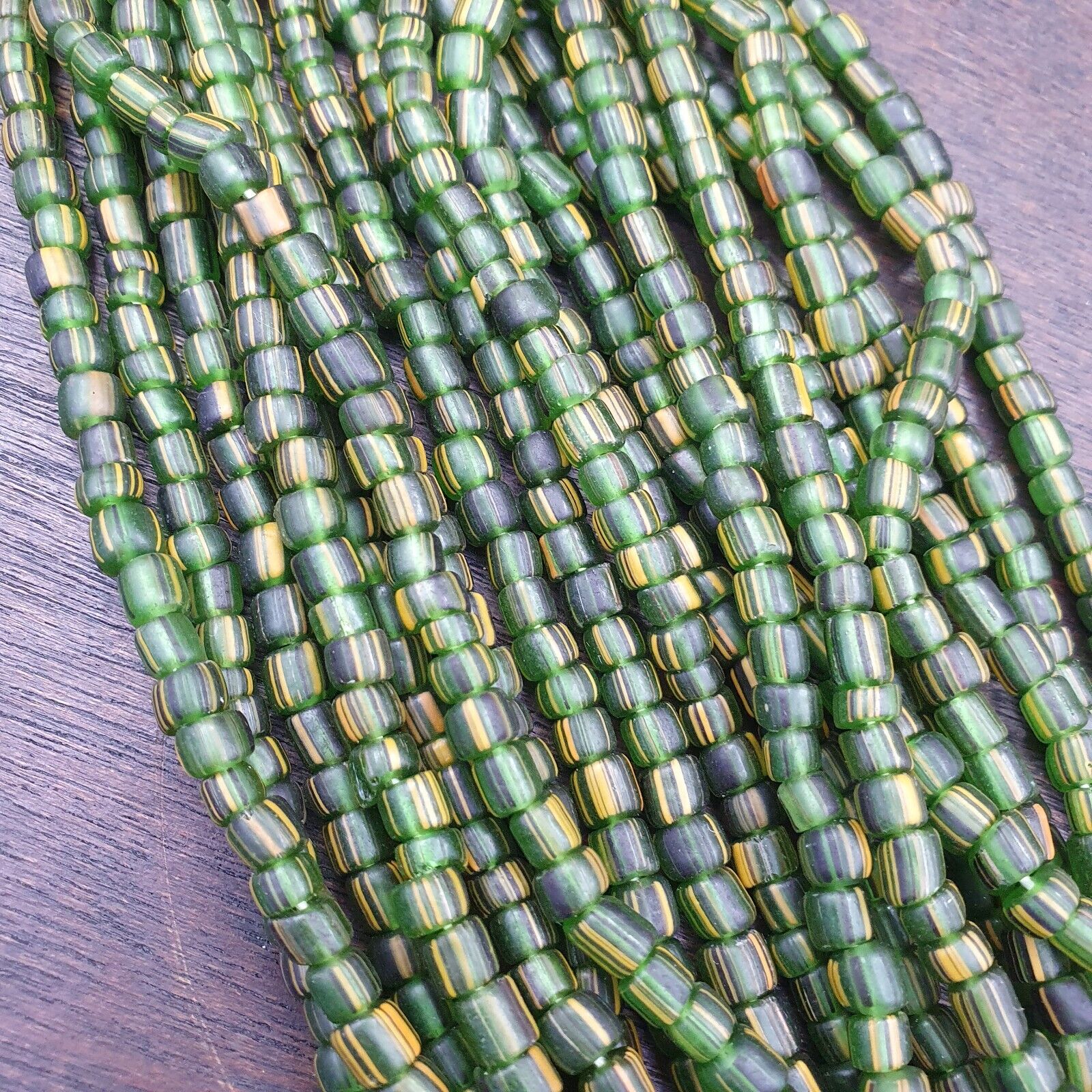 Lot 2 Strands OLD AFRICAN Yellow Stripes Green GLASS BEADS Vintage Strands