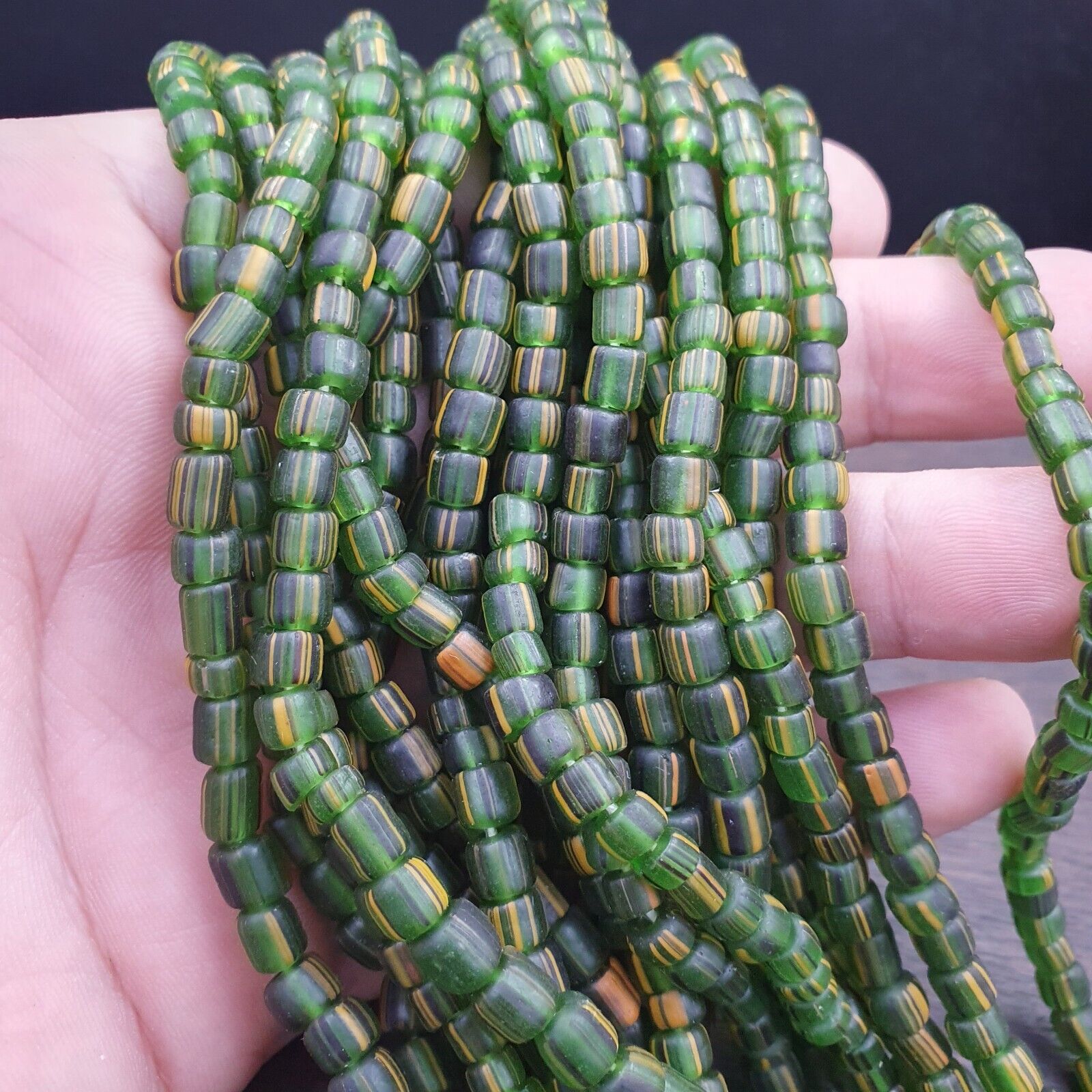 Lot 2 Strands OLD AFRICAN Yellow Stripes Green GLASS BEADS Vintage Strands