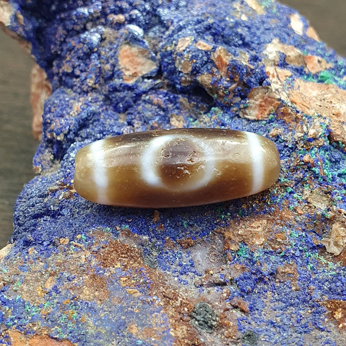 Antique Old Tibetan 2Circle Eyes 2 Lines Agate Stone Dzi Bead Amulet