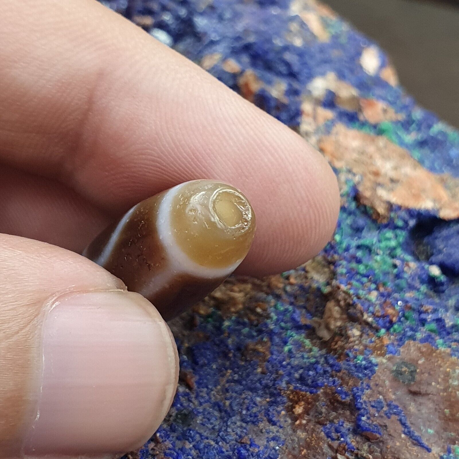 Antique Old Tibetan 2Circle Eyes 2 Lines Agate stone Dzi Bead Amulet HQ-5