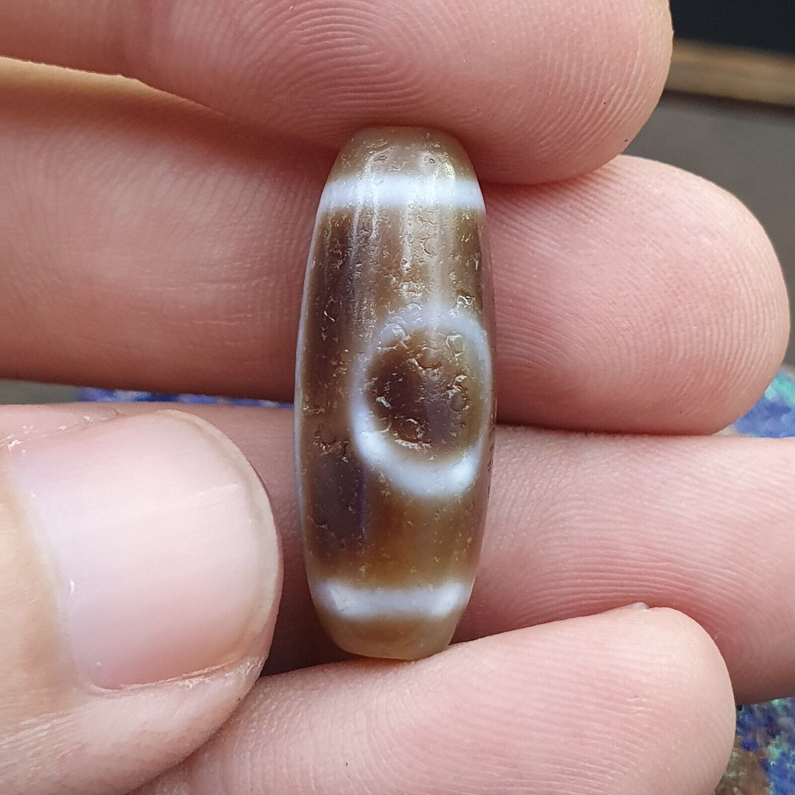 Antique Old Tibetan 2Circle Eyes 2 Lines Agate stone Dzi Bead Amulet HQ-5