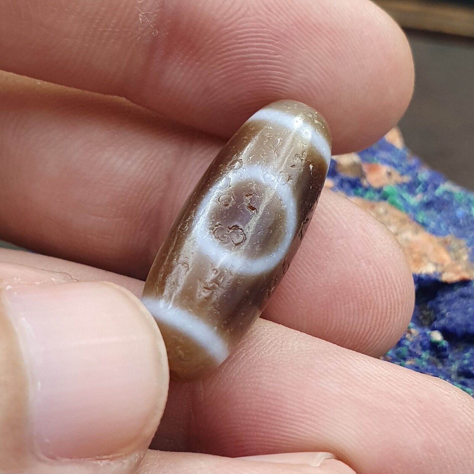 Antique Old Tibetan 2Circle Eyes 2 Lines Agate stone Dzi Bead Amulet HQ-5