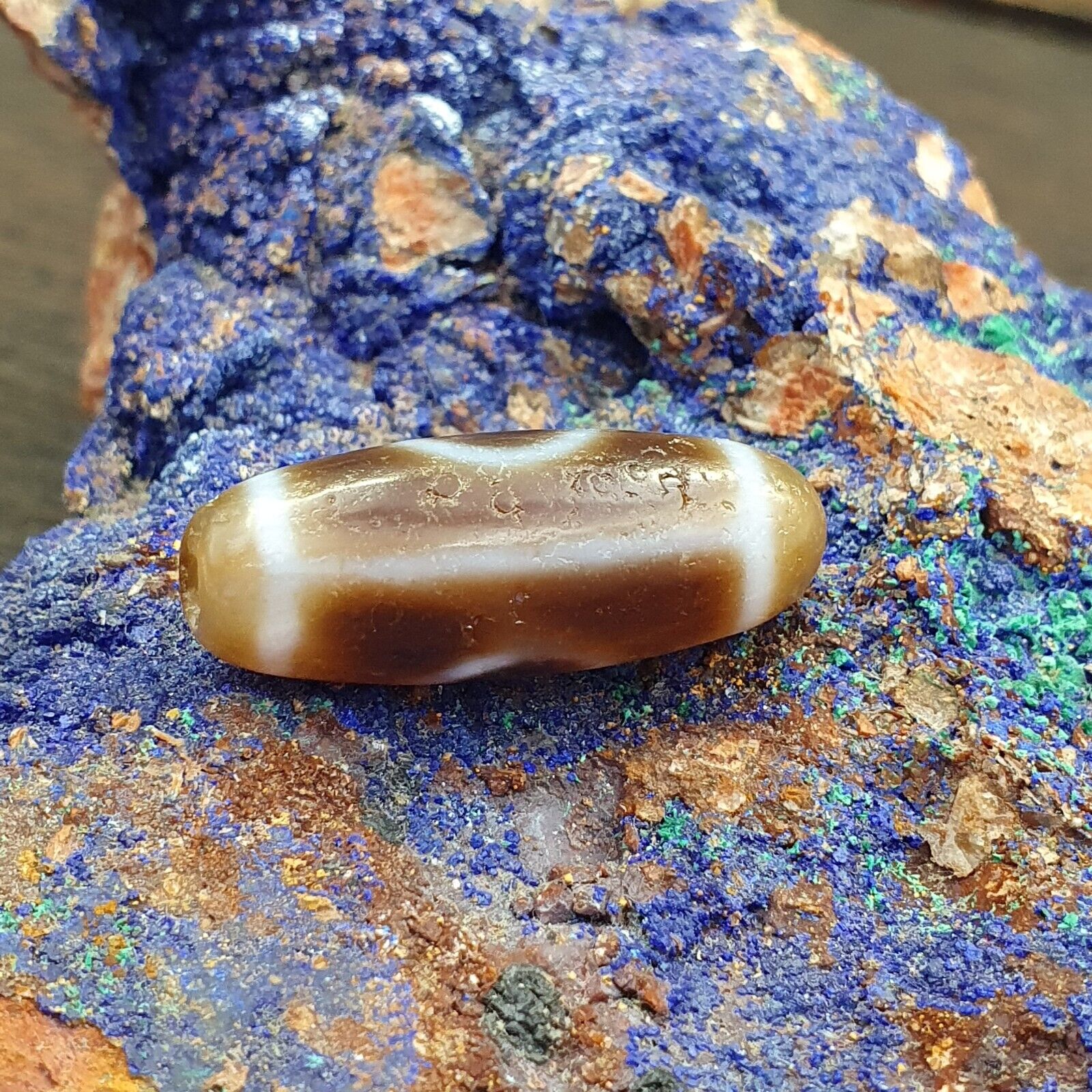 Antique Old Tibetan 2Circle Eyes 2 Lines Agate stone Dzi Bead Amulet HQ-5
