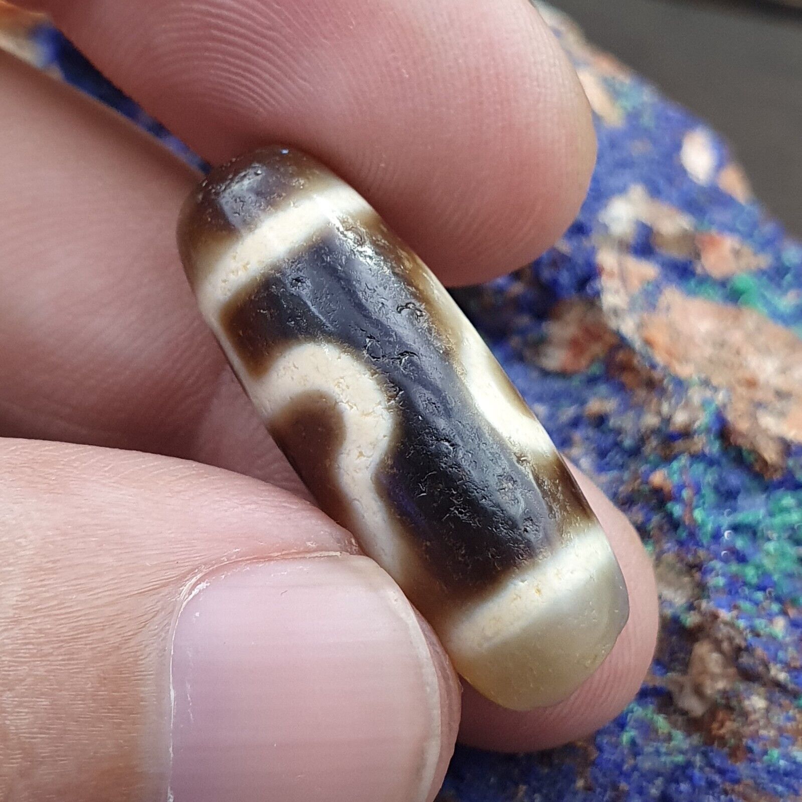 Antique Old Tibetan 2 Lines Eyes Agate stone Dzi Bead Amulet HQ-4