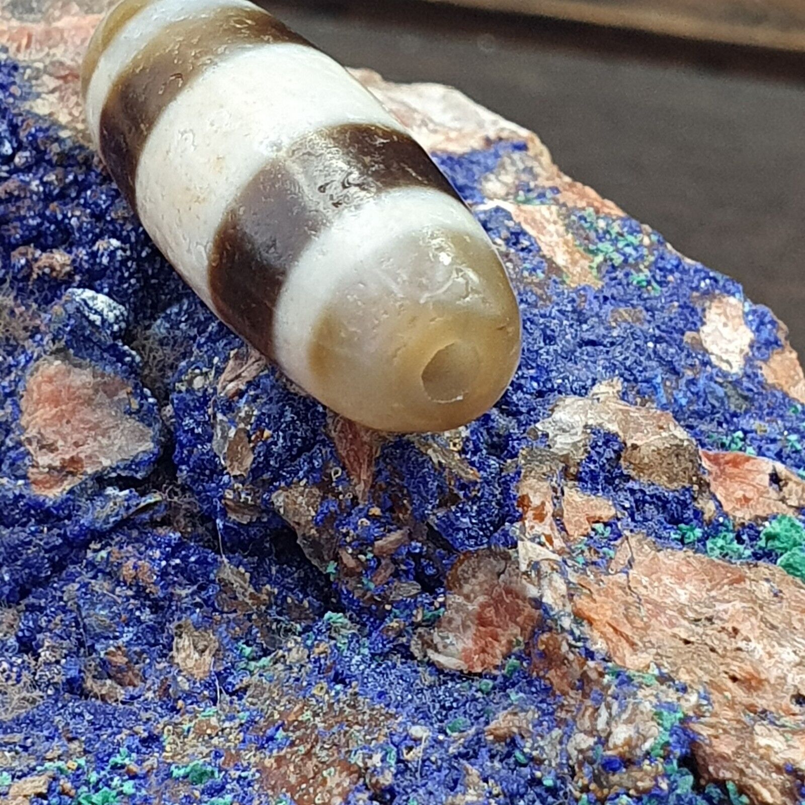 Antique Old Tibetan 2 Lines Eyes Agate stone Dzi Bead Amulet HQ-3