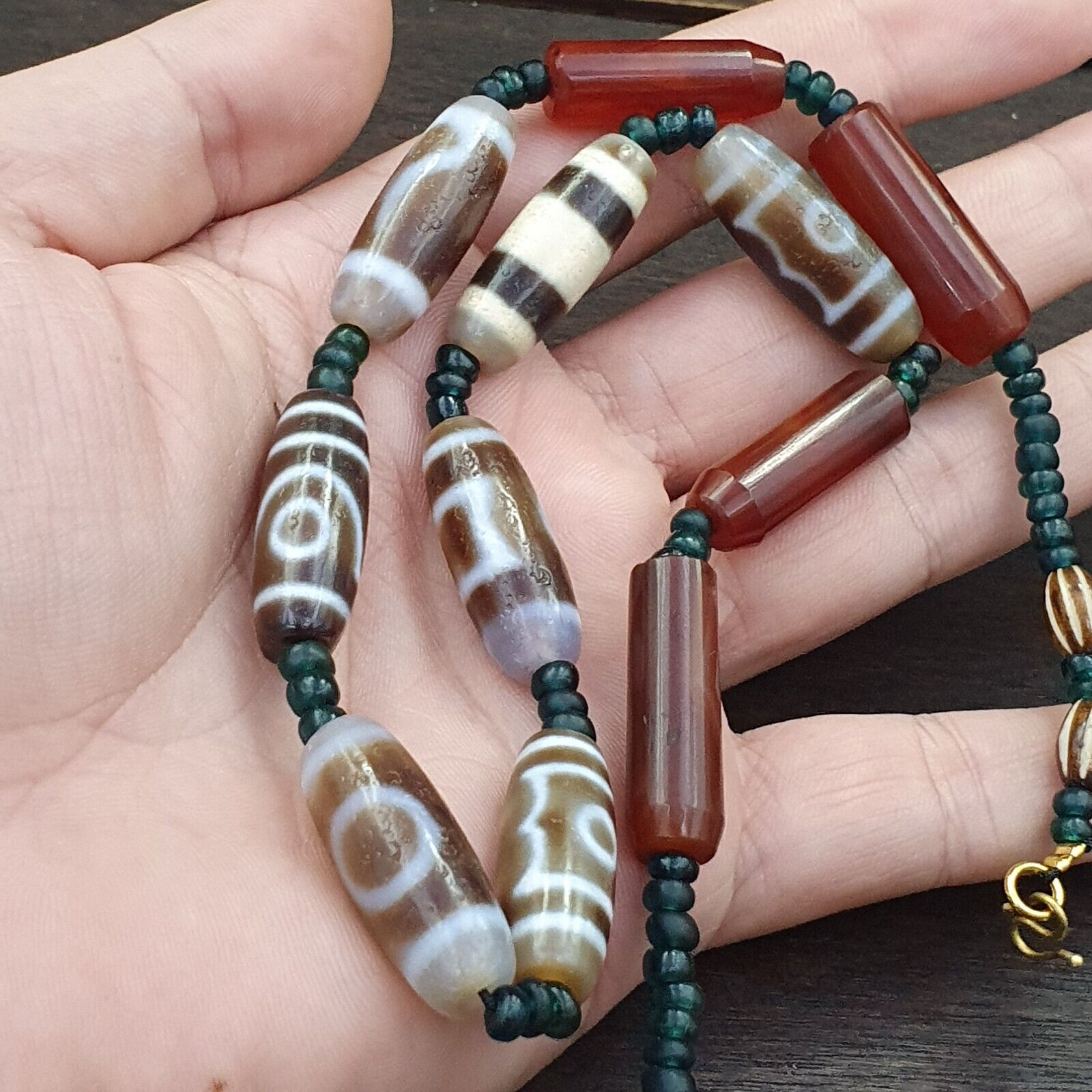 Antique Old Tibetan Eye Agate stone Dzi Bead Amulet Necklace