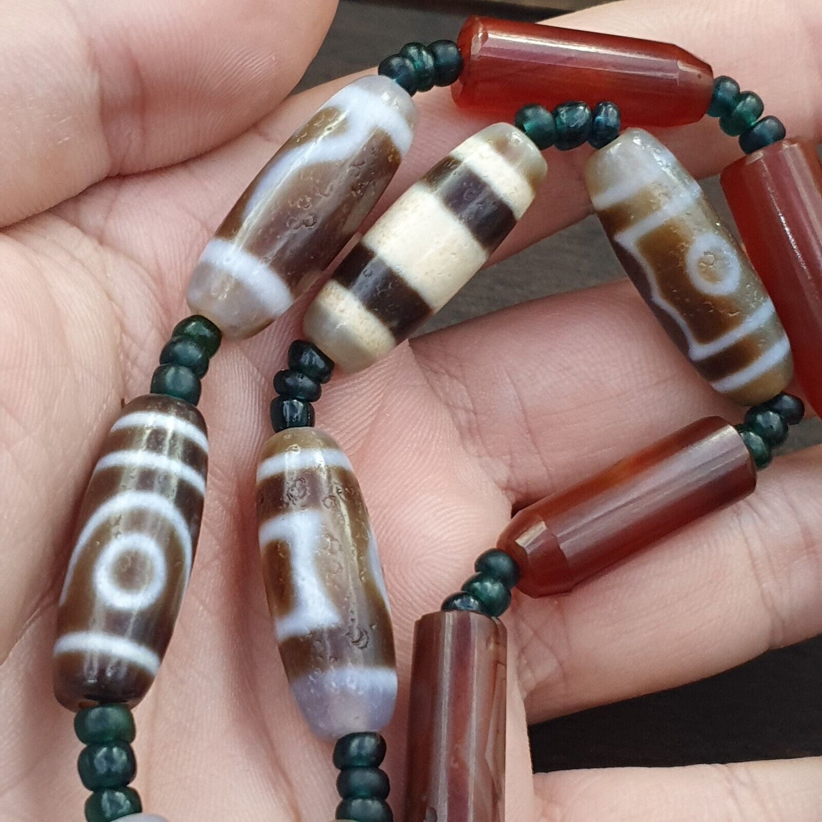 Antique Old Tibetan Eye Agate stone Dzi Bead Amulet Necklace