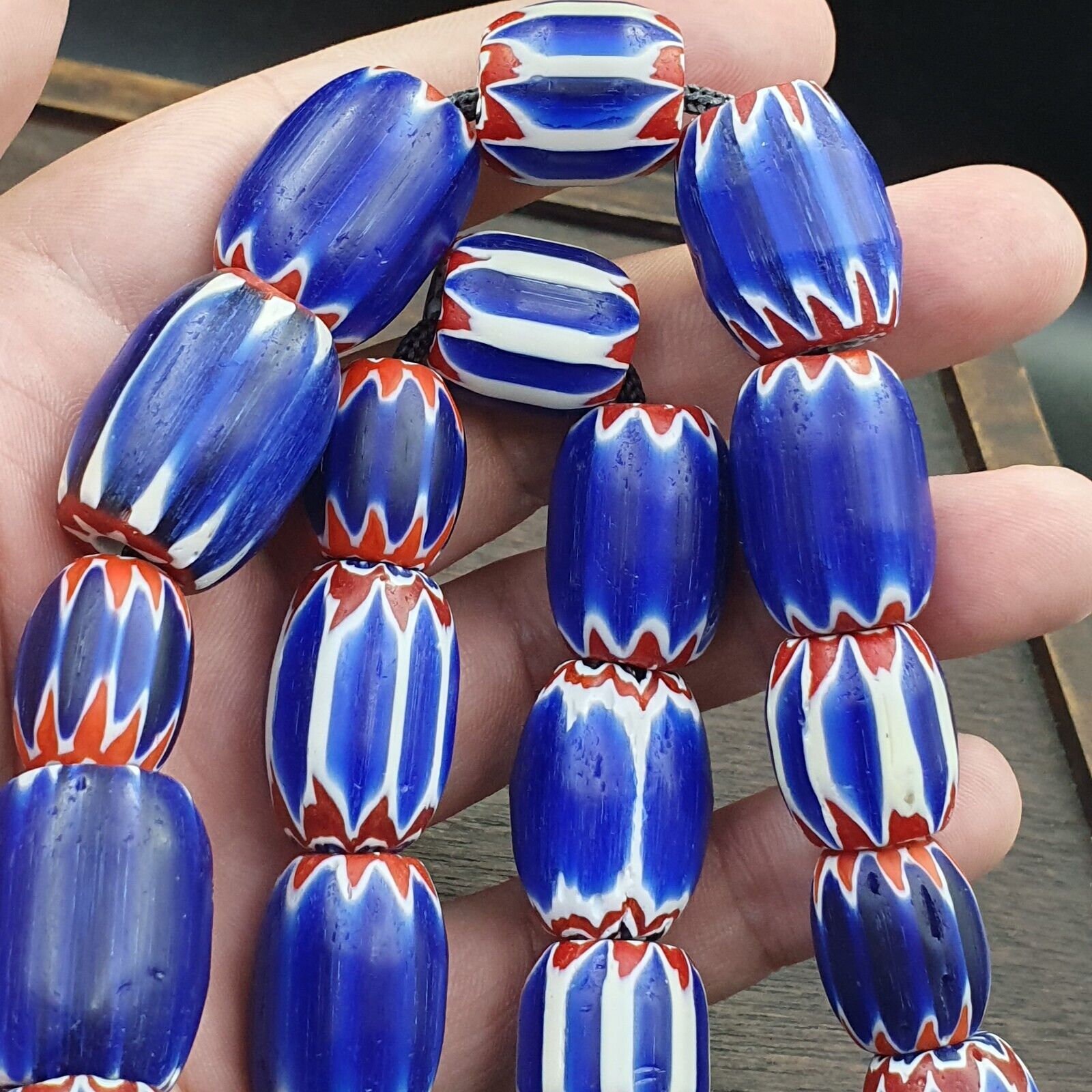 Vintage Venetian Style Trade Beads Blue Chevron Glass Beads Long necklace -B2
